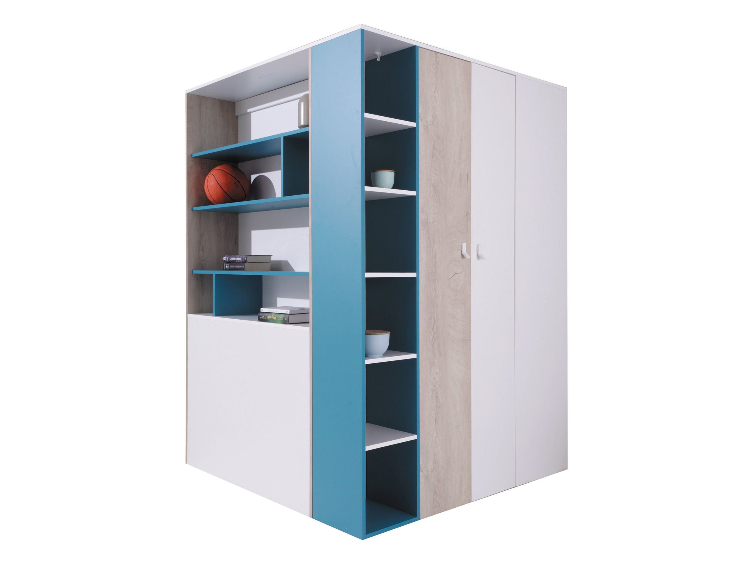 Hoekkledingkast Camteso 113 (Wit + Eiken + Turquoise)