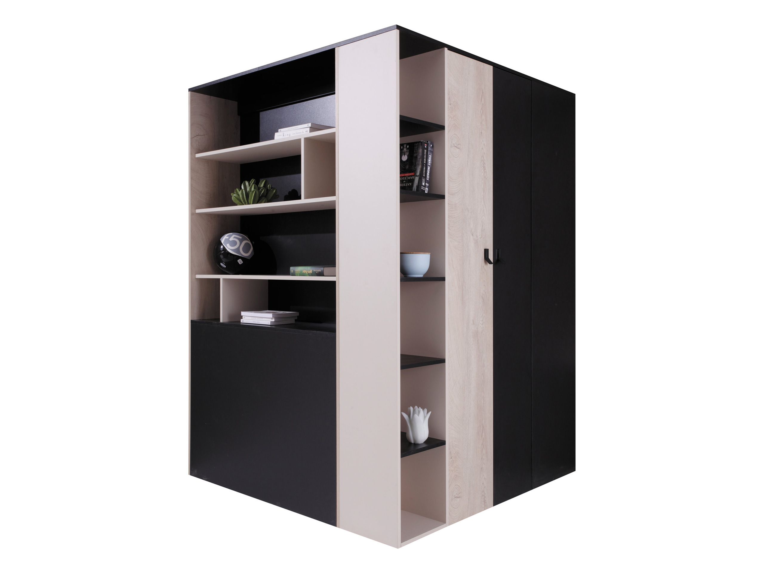 Hoekkledingkast Camteso 113 (Zwart + Eiken + Beige)