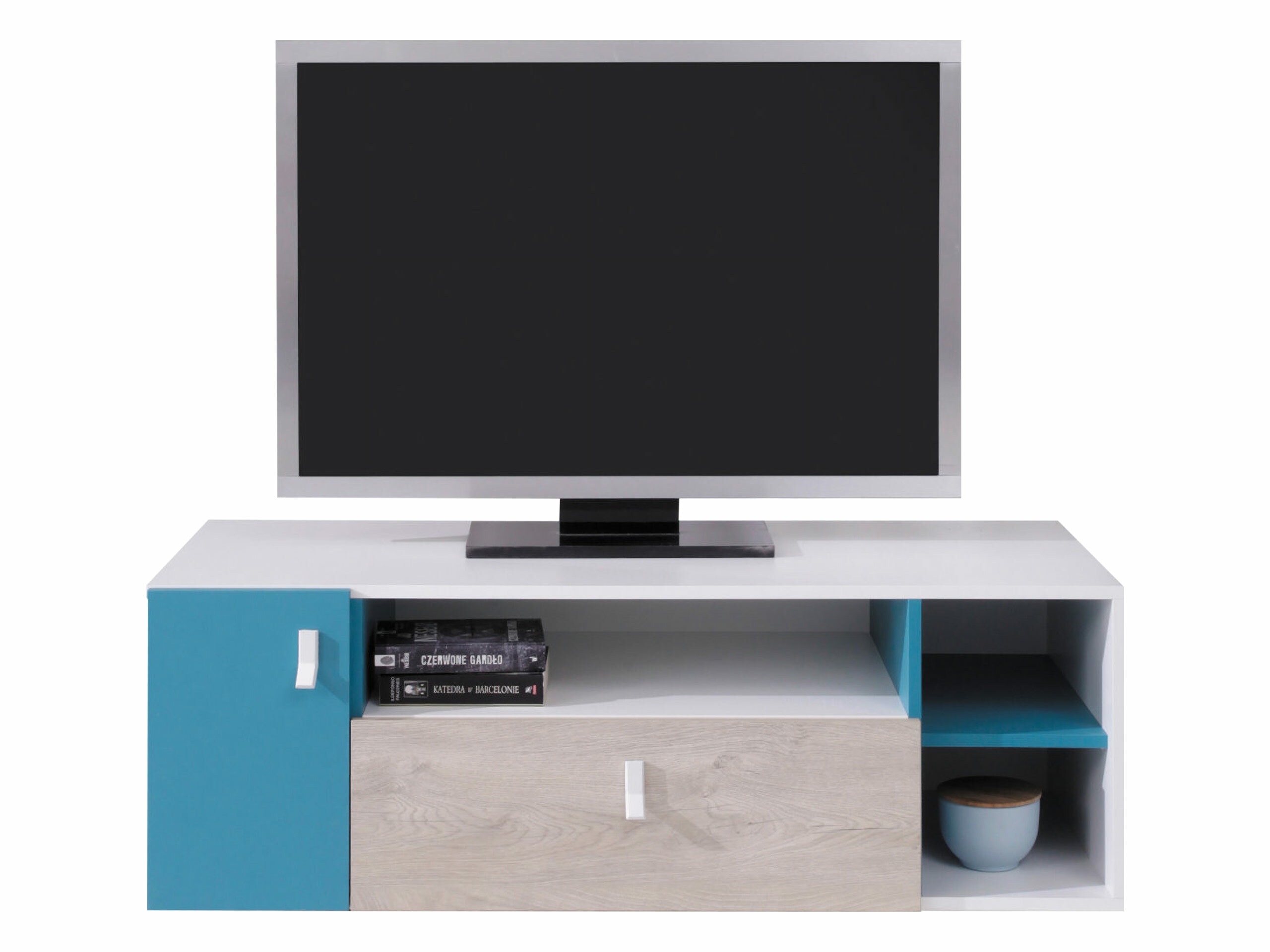 TV-meubel Camteso 108 (Wit + Eiken + Turquoise)