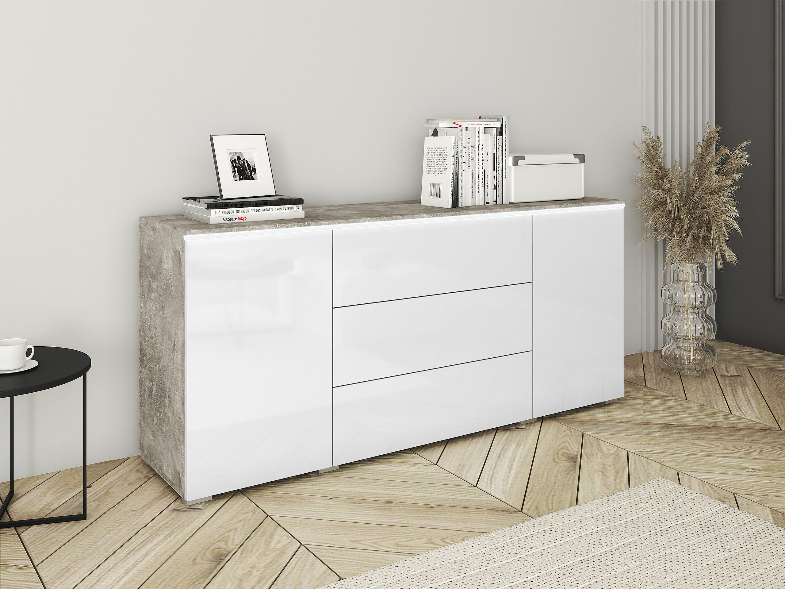 Ladekast Mirfivo 102 (Beton + Glanzend wit)