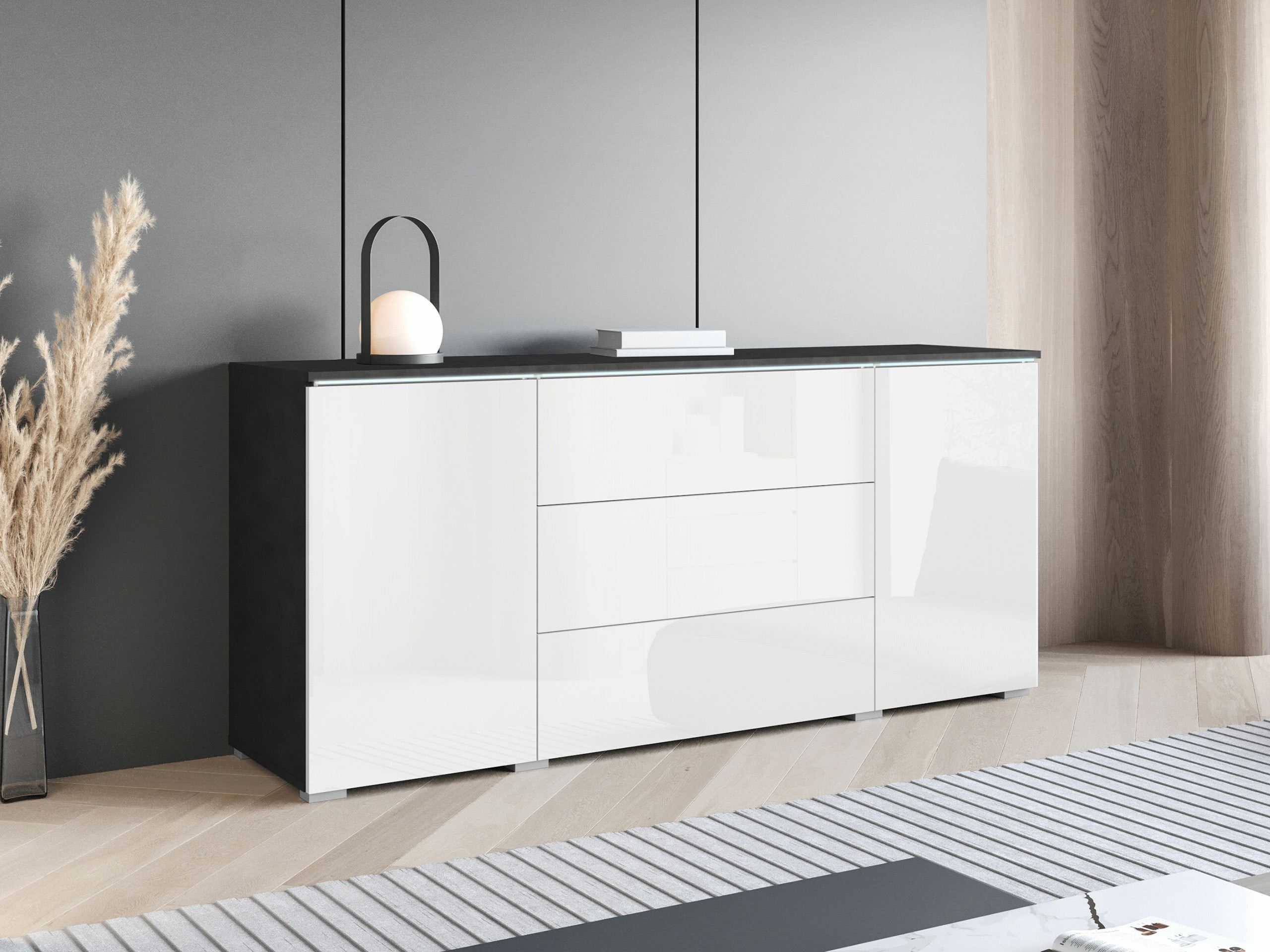 Ladekast Mirfivo 102 (Matera grijs + Glanzend wit)