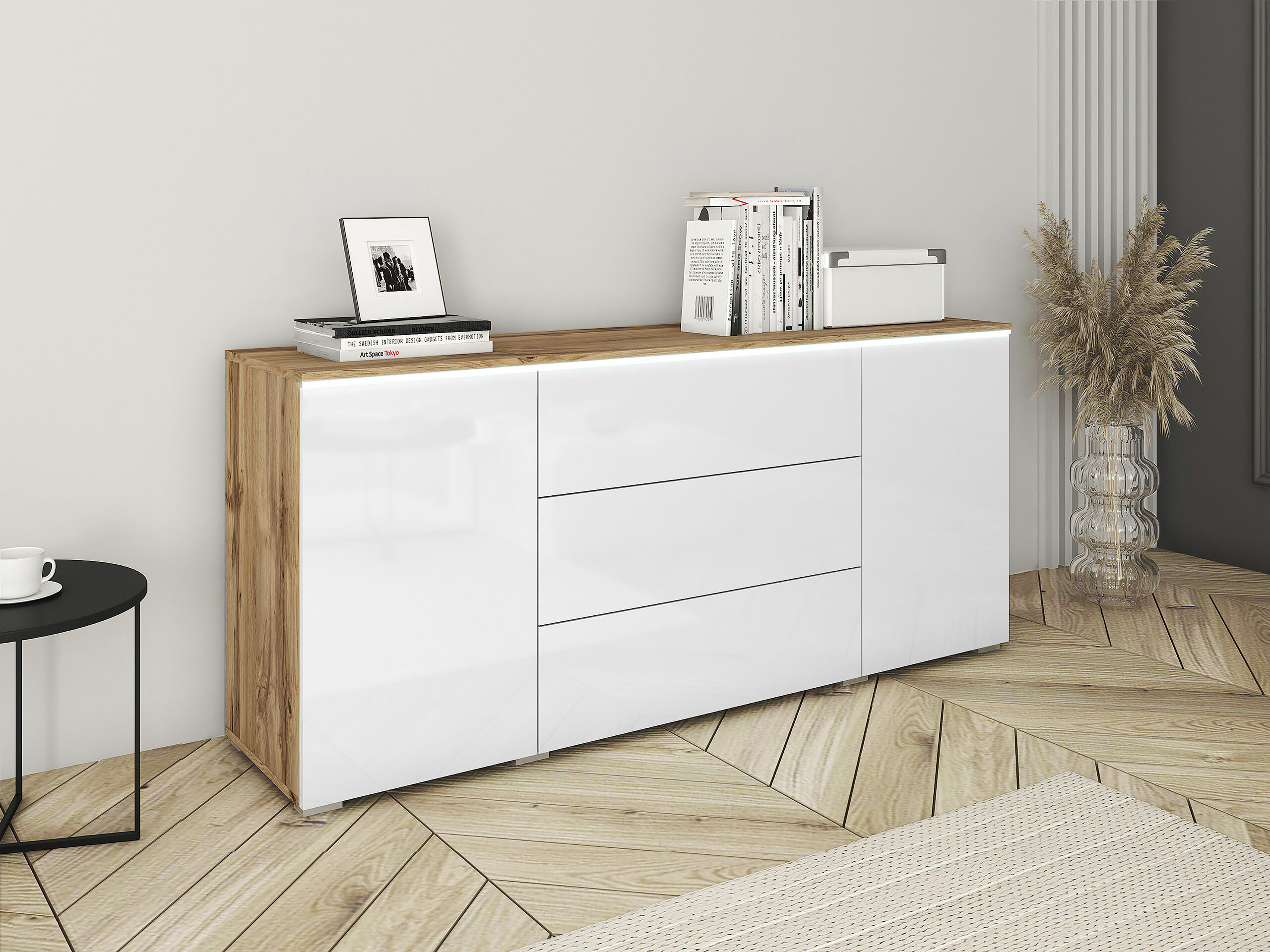Ladekast Mirfivo 102 (Wotan eik + Glanzend wit)