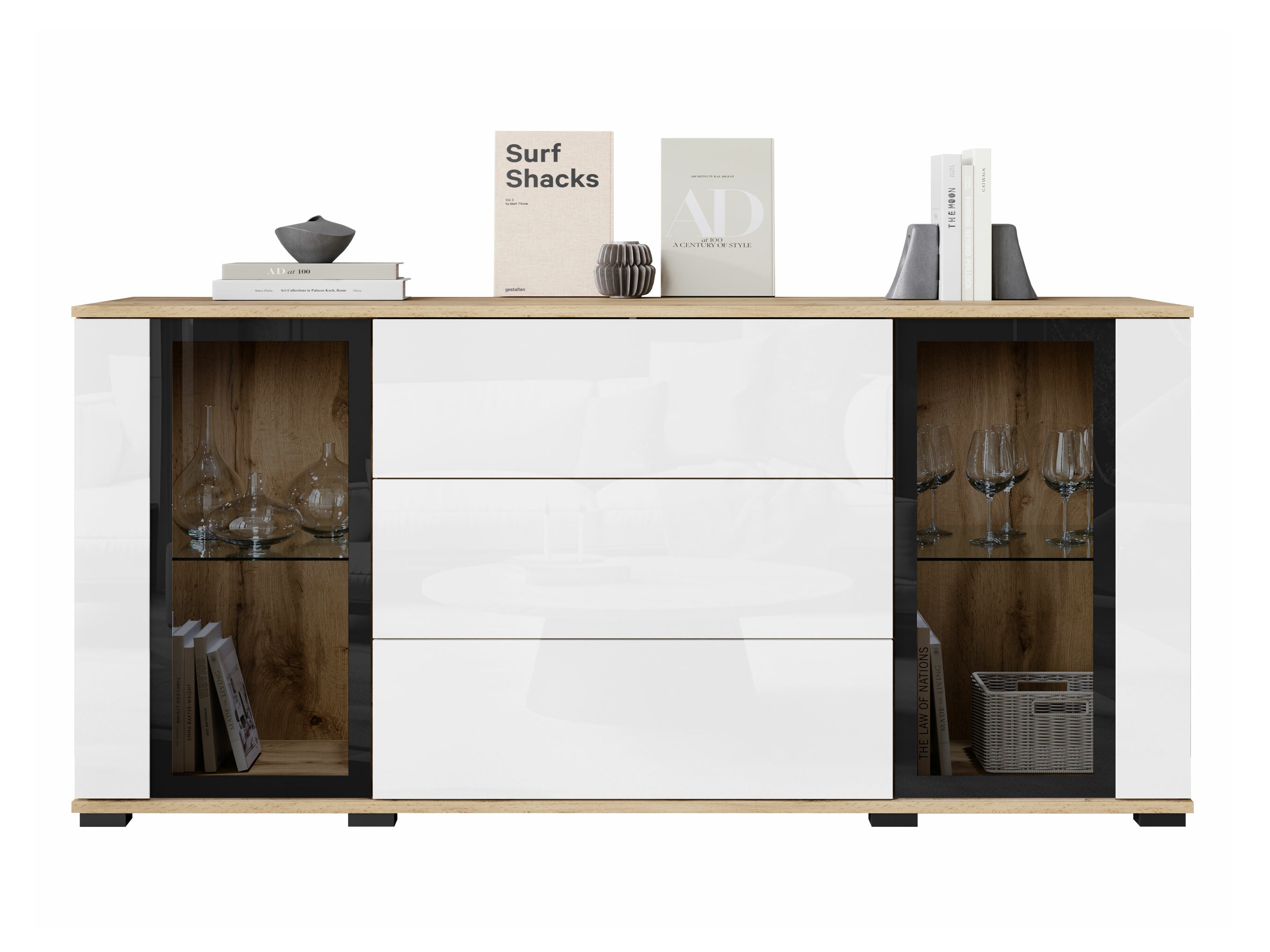 Ladekast Torcame 101 (Wotan eik + Glanzend wit)