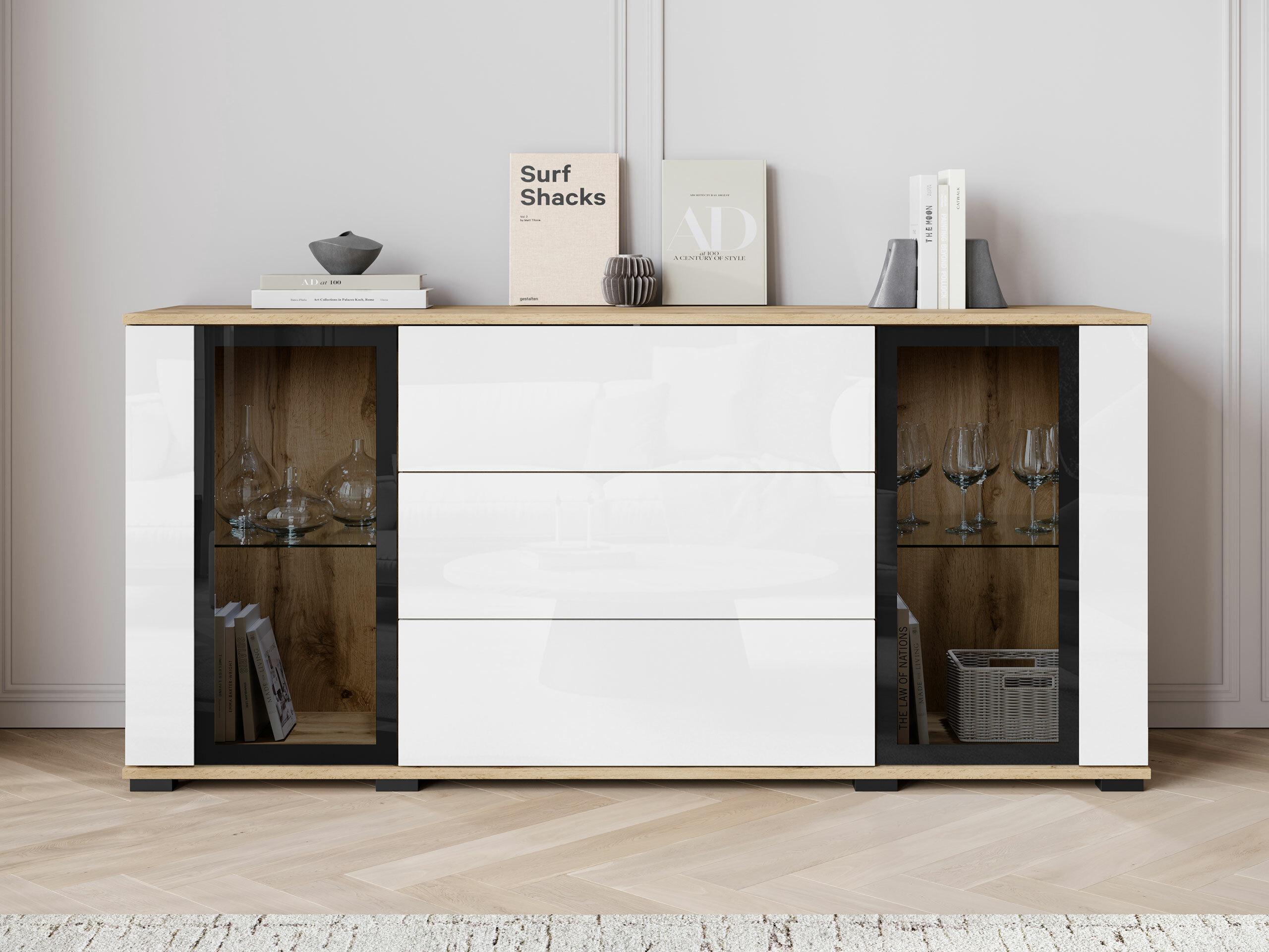 Ladekast Torcame 101 (Wotan eik + Glanzend wit)