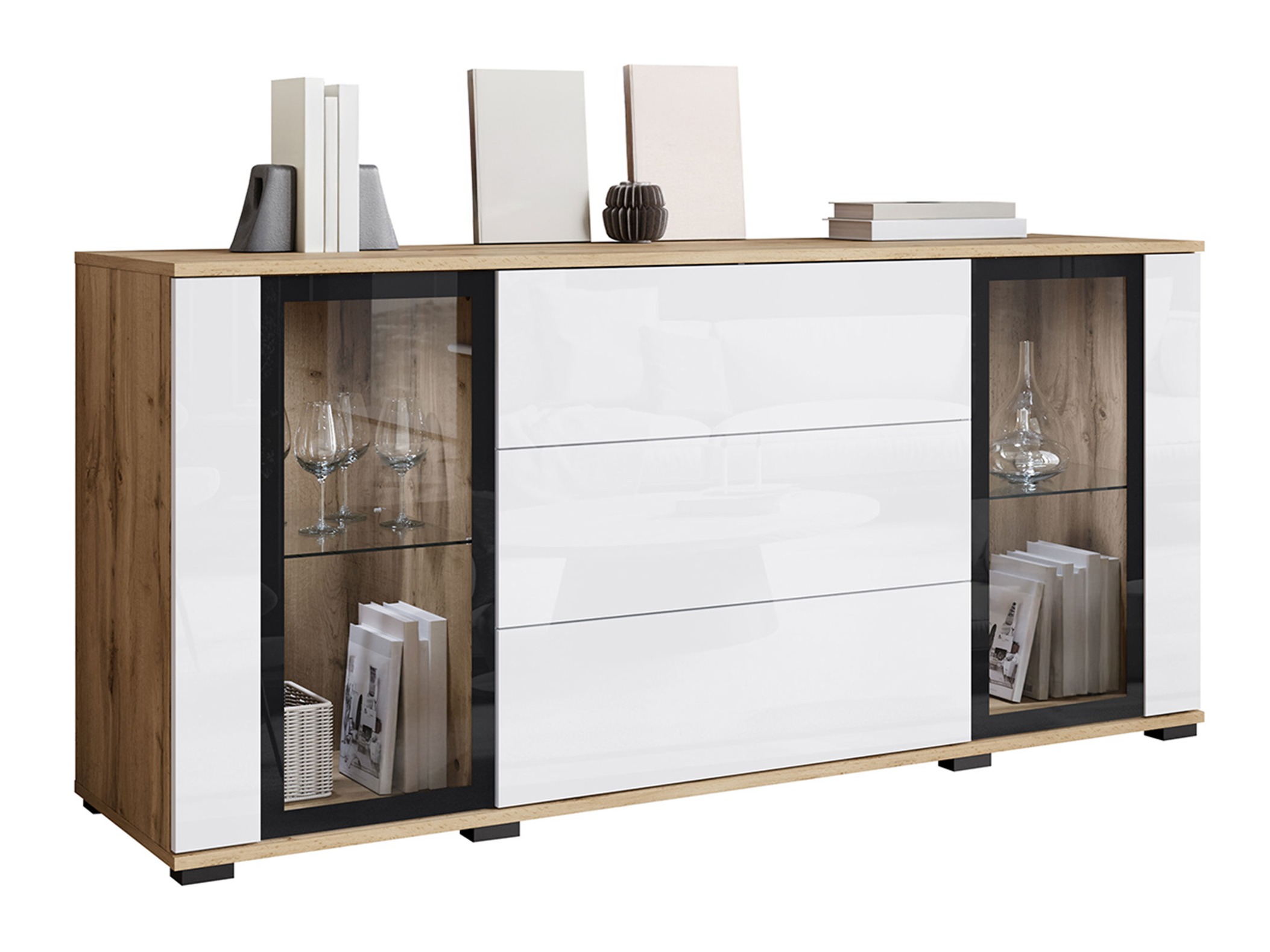 Ladekast Torcame 101 (Wotan eik + Glanzend wit)