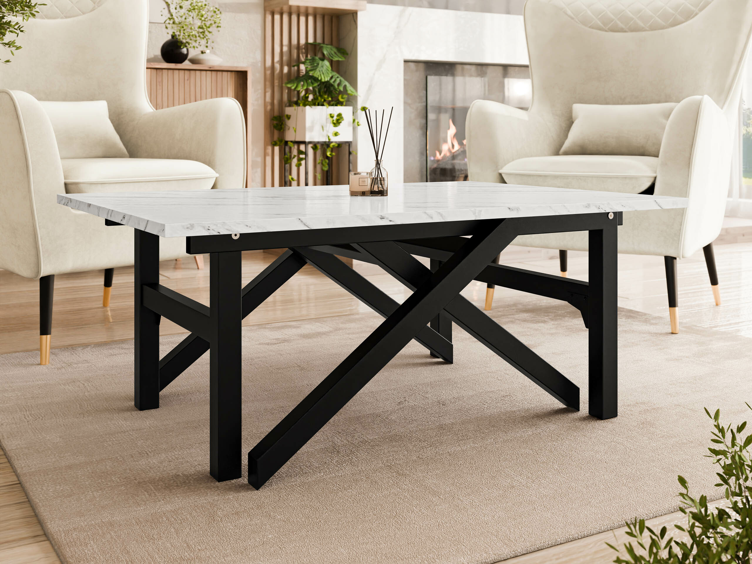 Transformeerbare salontafel Oswego 151 (Wit marmer + Zwart)
