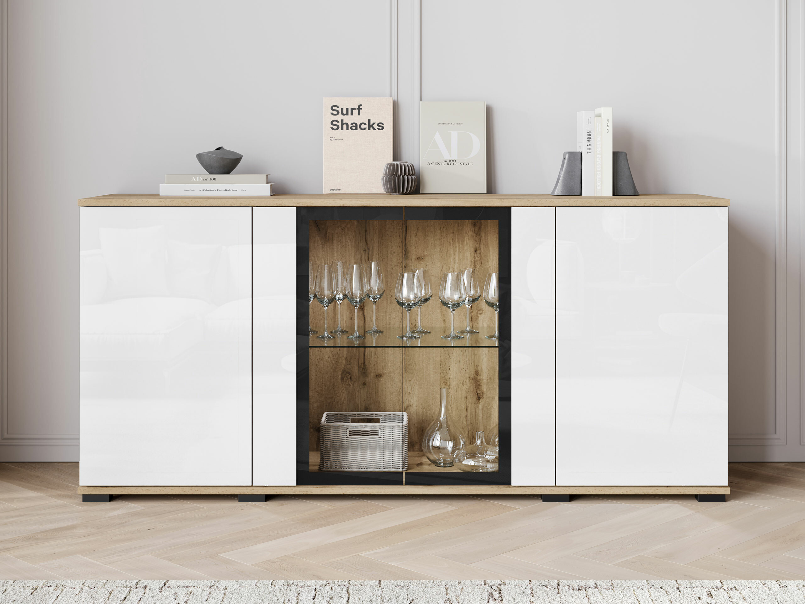 Dressoir Torcame 102 (Wotan eik + Glanzend wit)