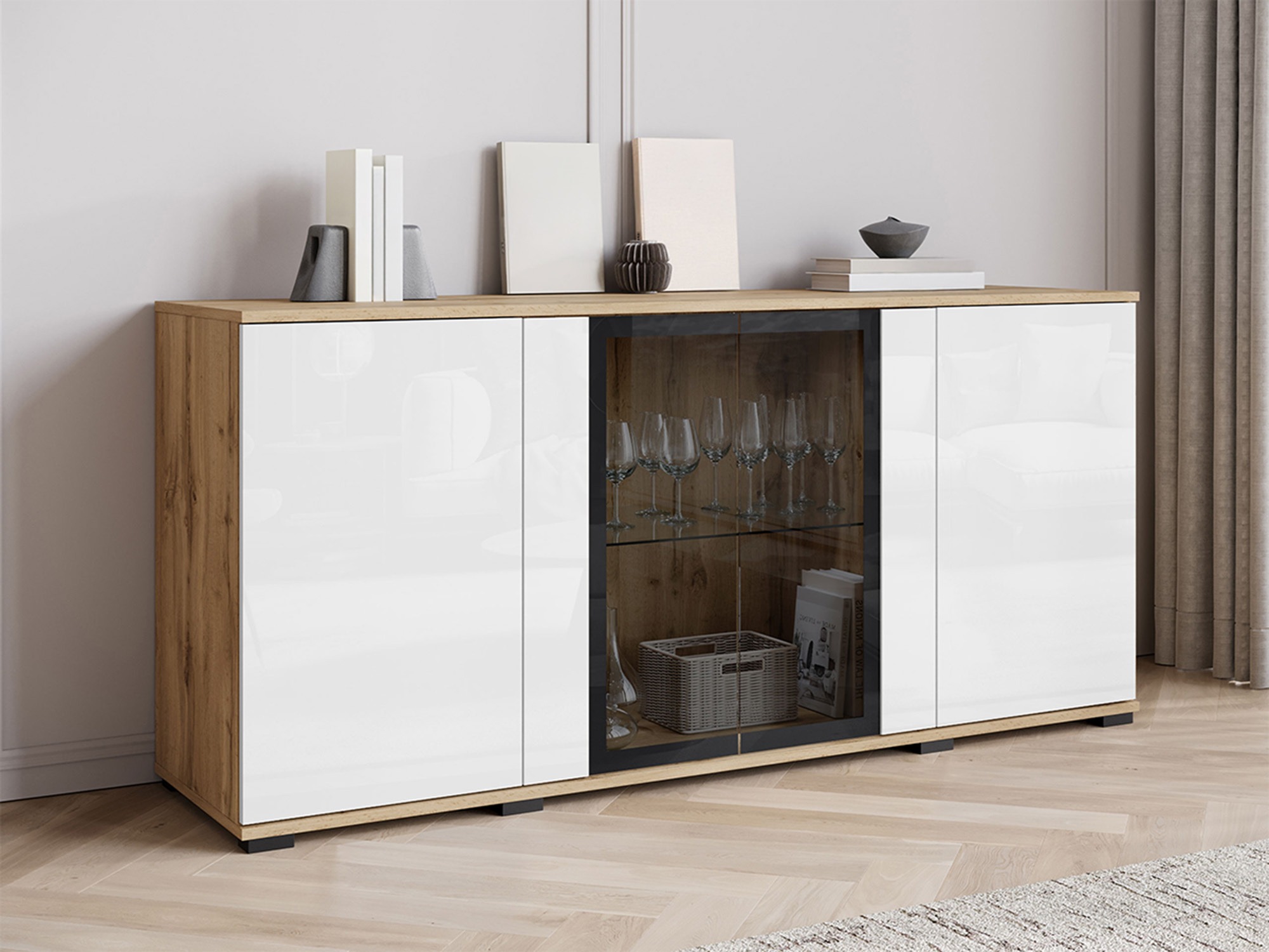 Dressoir Torcame 102 (Wotan eik + Glanzend wit)