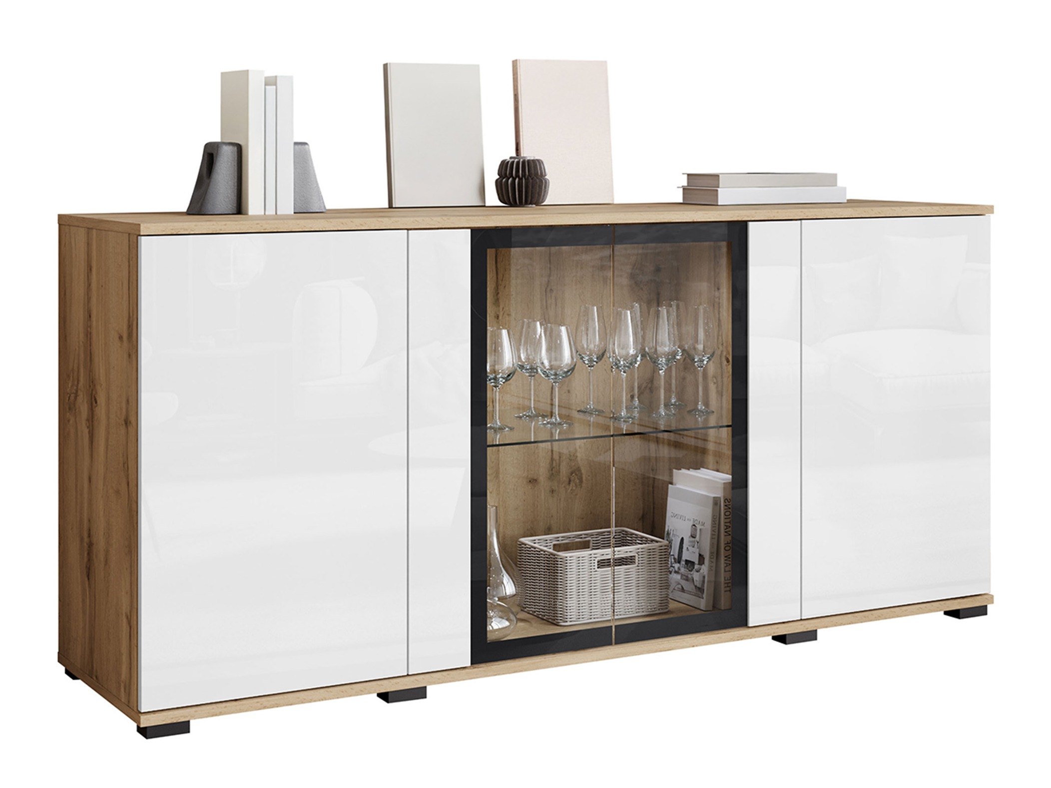 Dressoir Torcame 102 (Wotan eik + Glanzend wit)