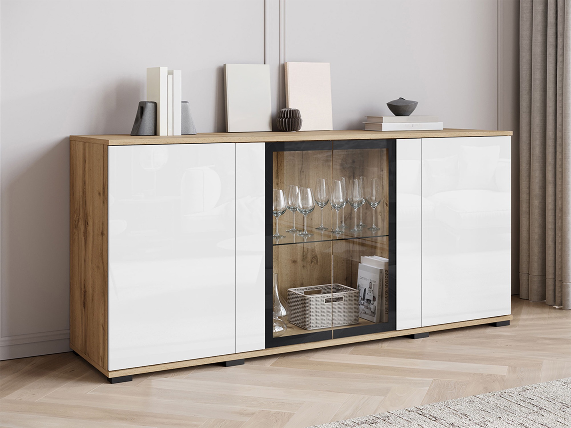 Dressoir Torcame 102 (Wotan eik + Glanzend wit)