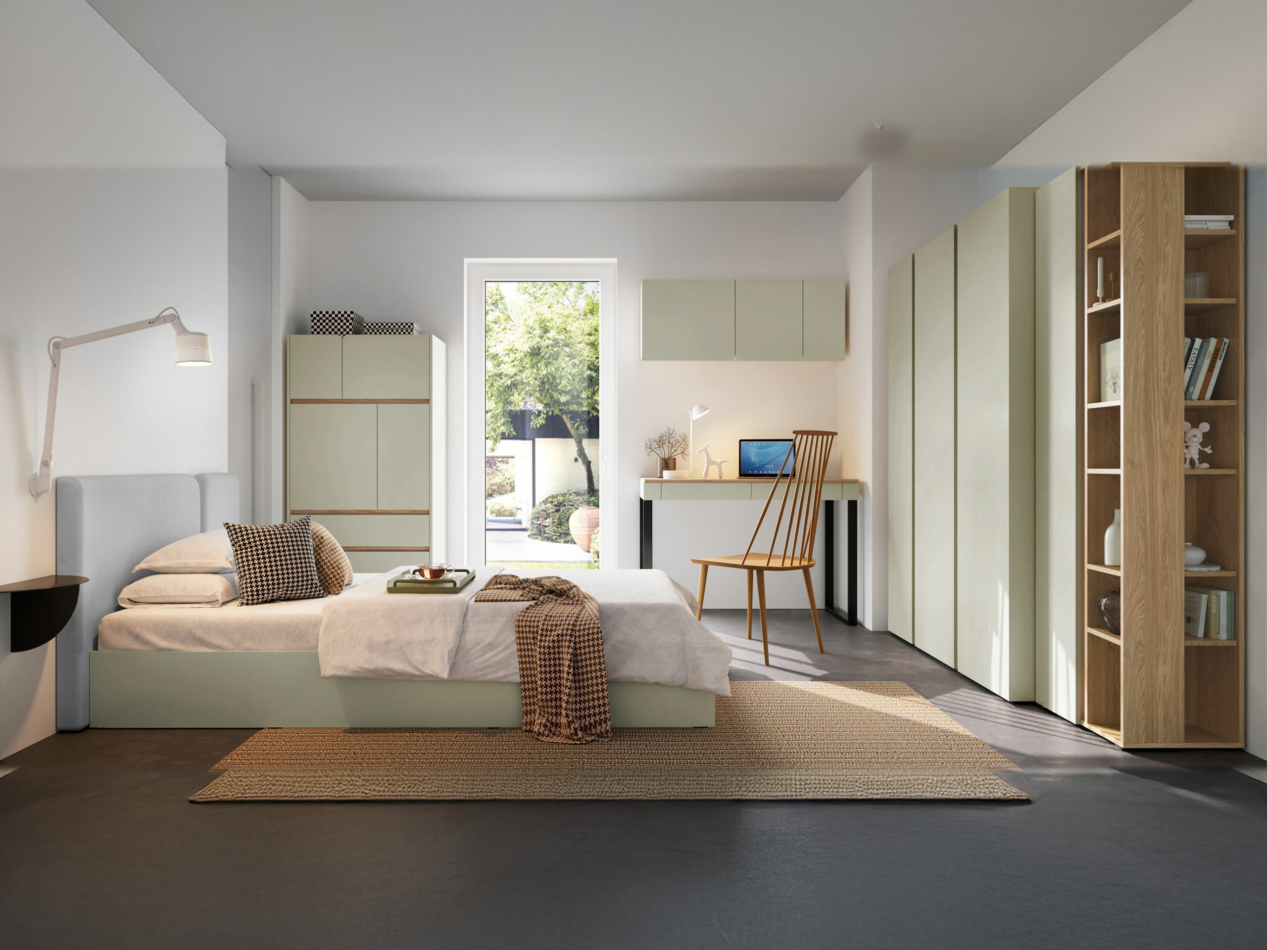 Wandkast Fiosono 111 (Stoffig groen + Eiken)