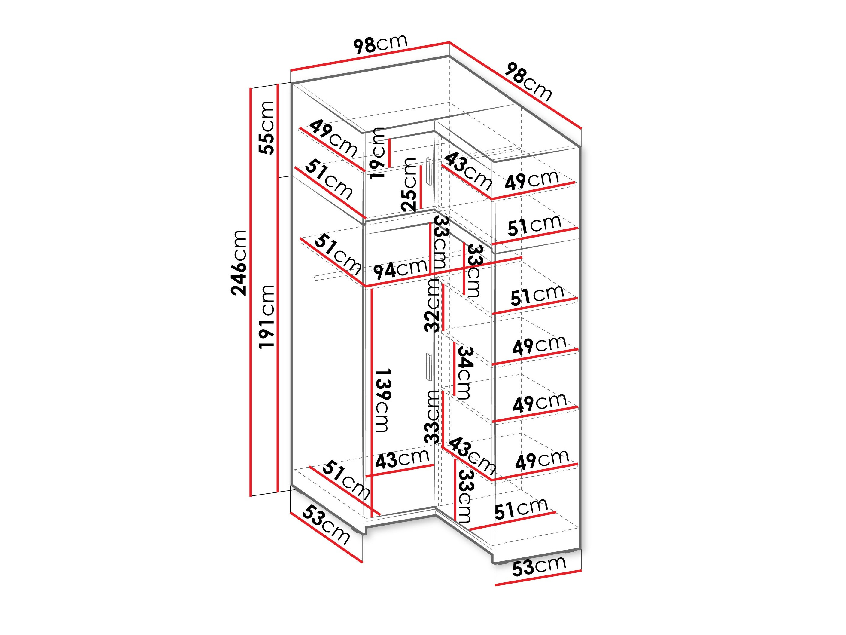 Hoekkledingkast Novduni 121 (Eiken)