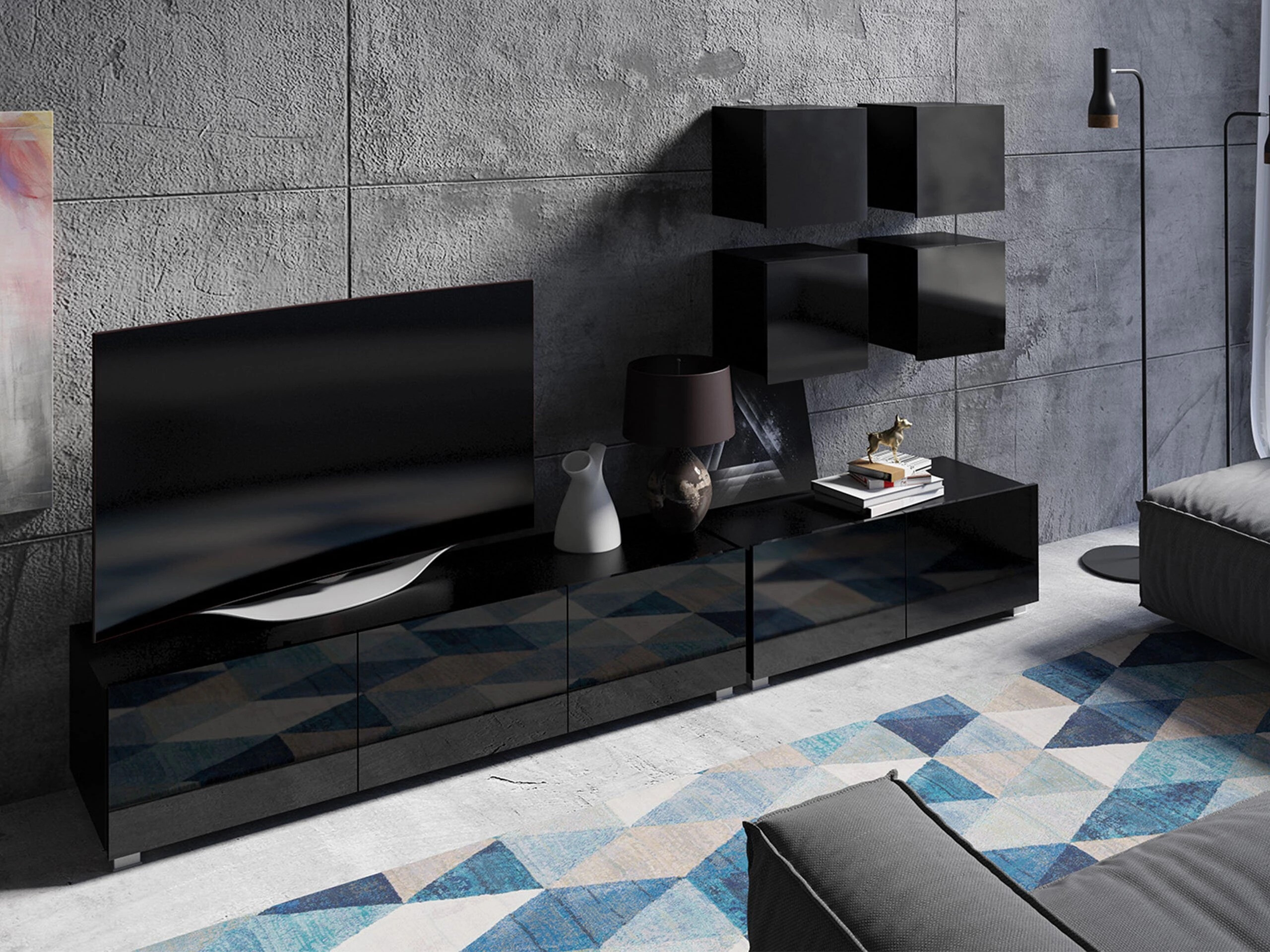 TV-meubel Remus I (Zwart + Glanzend zwart)