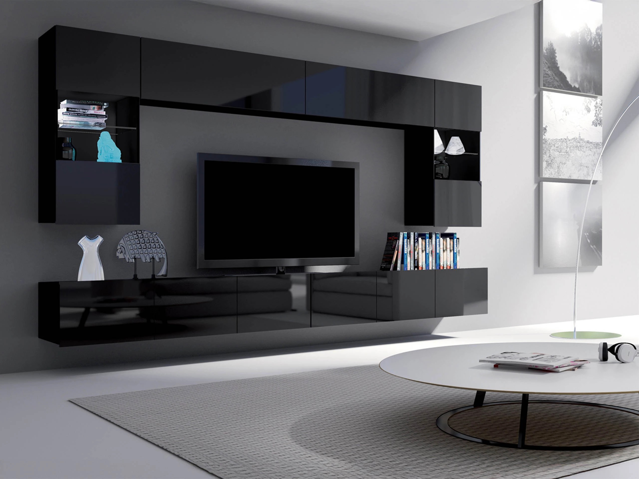 Wandkast Tivdalu 101 (Zwart + Glanzend zwart)