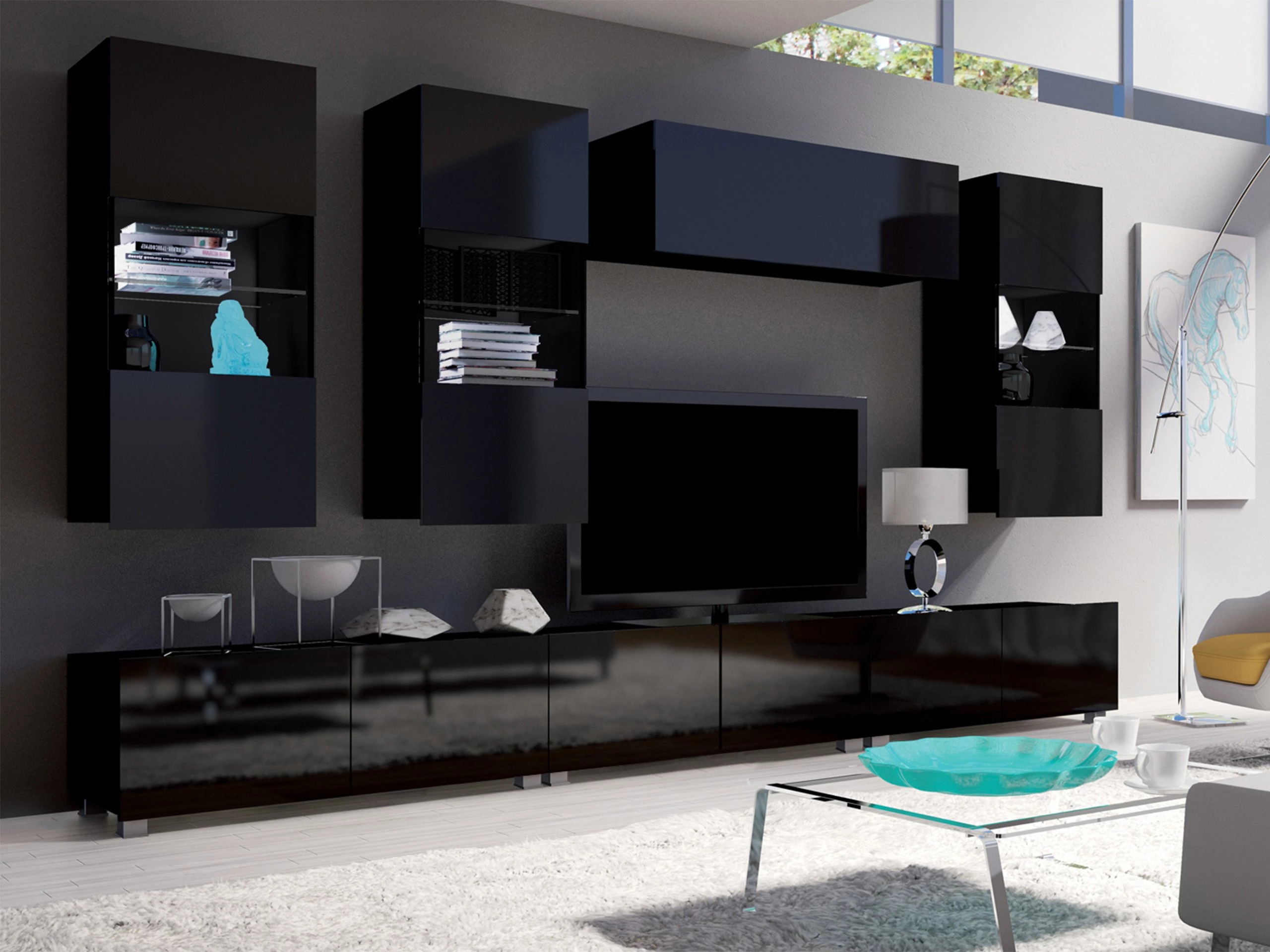 Wandkast Remus I (Zwart + Glanzend zwart)