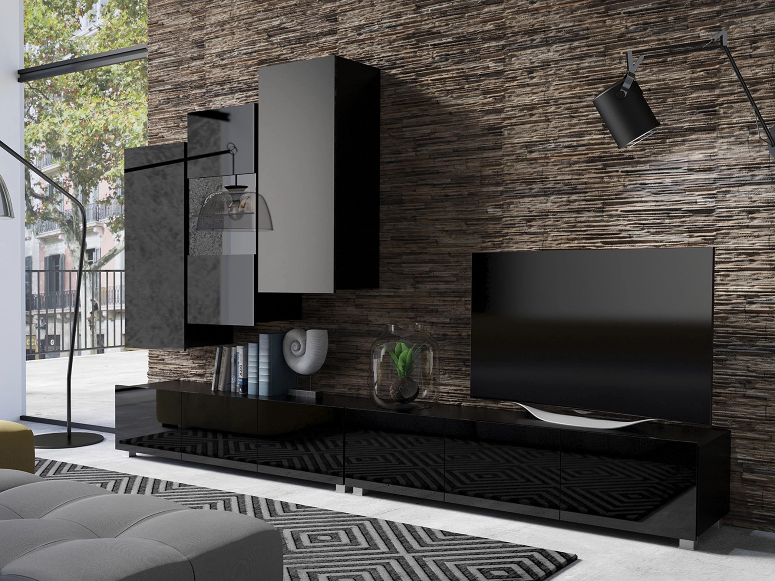 Wandkast Tivdalu 126 (Zwart + Glanzend zwart)