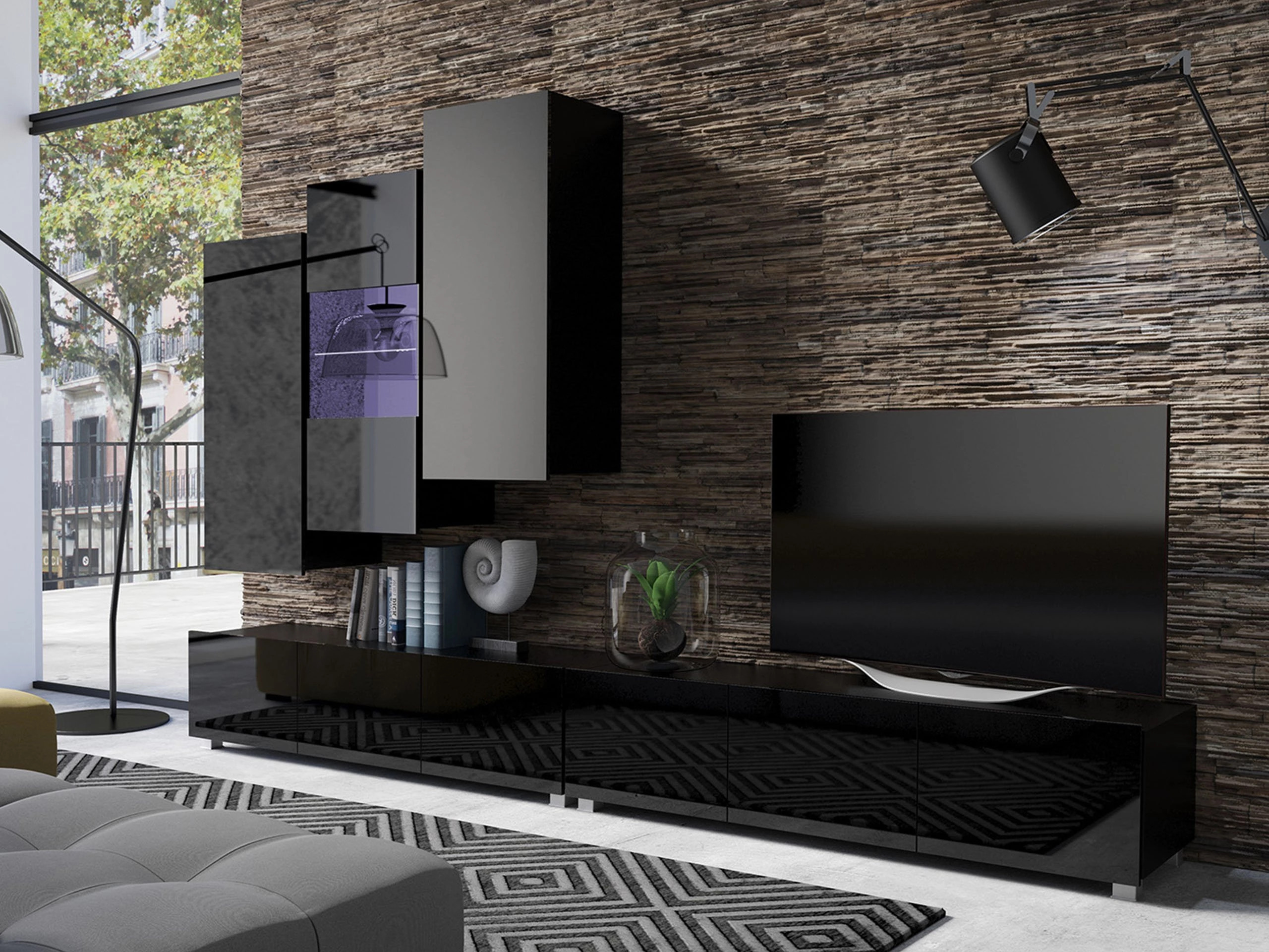 Woonkamerset Remus XVII (Zwart + Glanzend zwart)