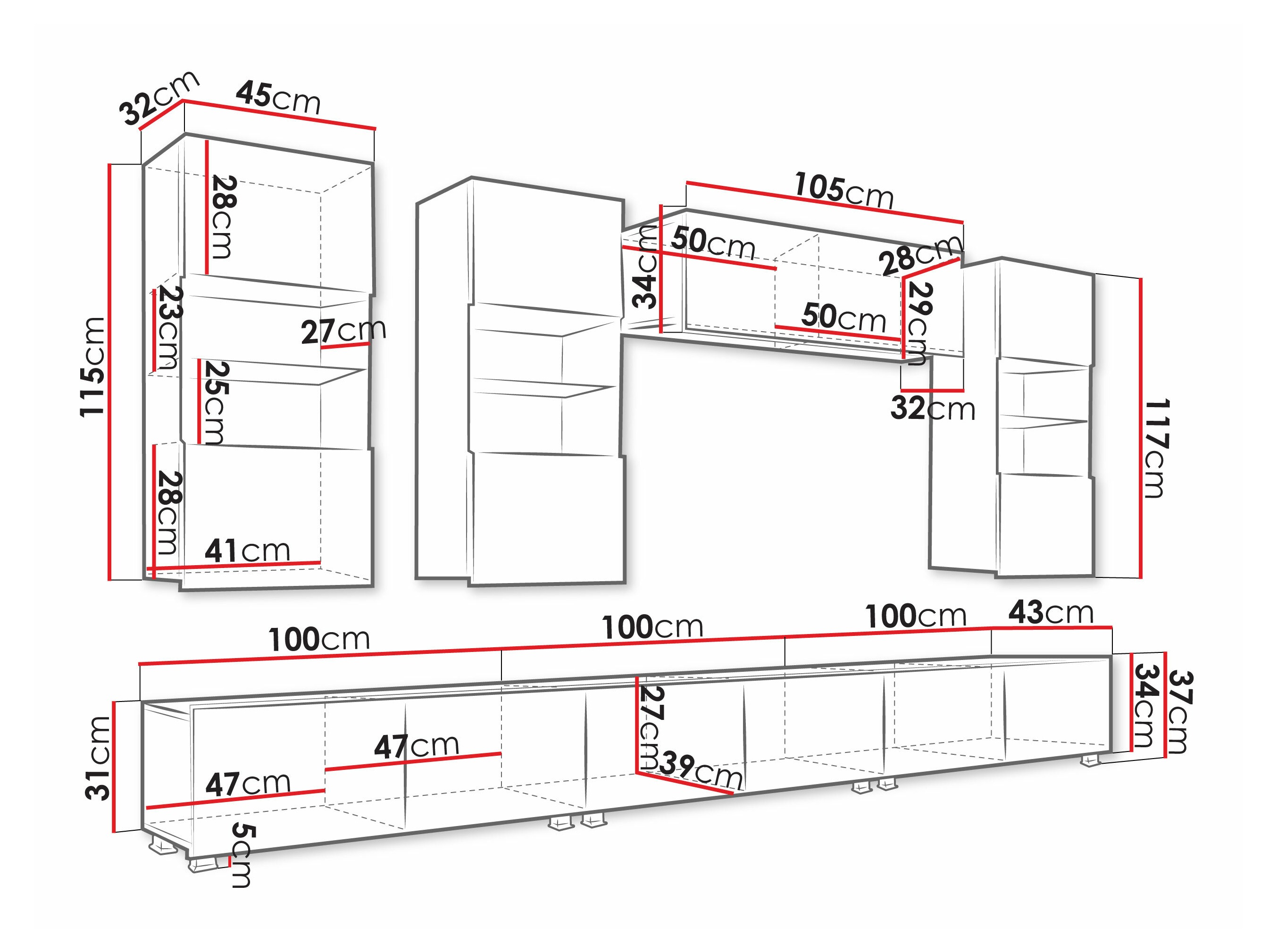 Woonkamerset Tivdalu 121 (Wit + Glanzend wit)