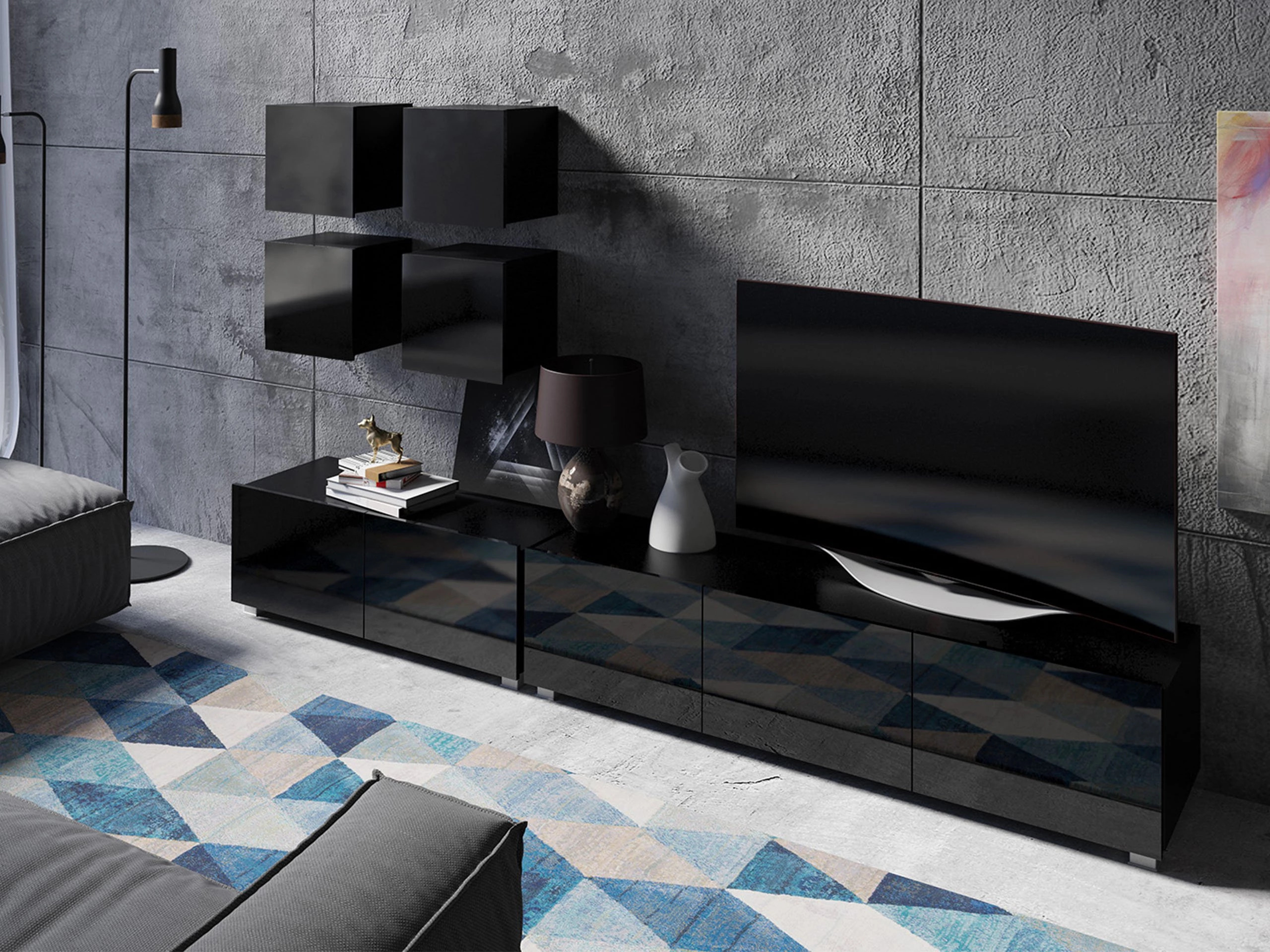 Woonkamerset Tivdalu 132 (Zwart + Glanzend zwart)