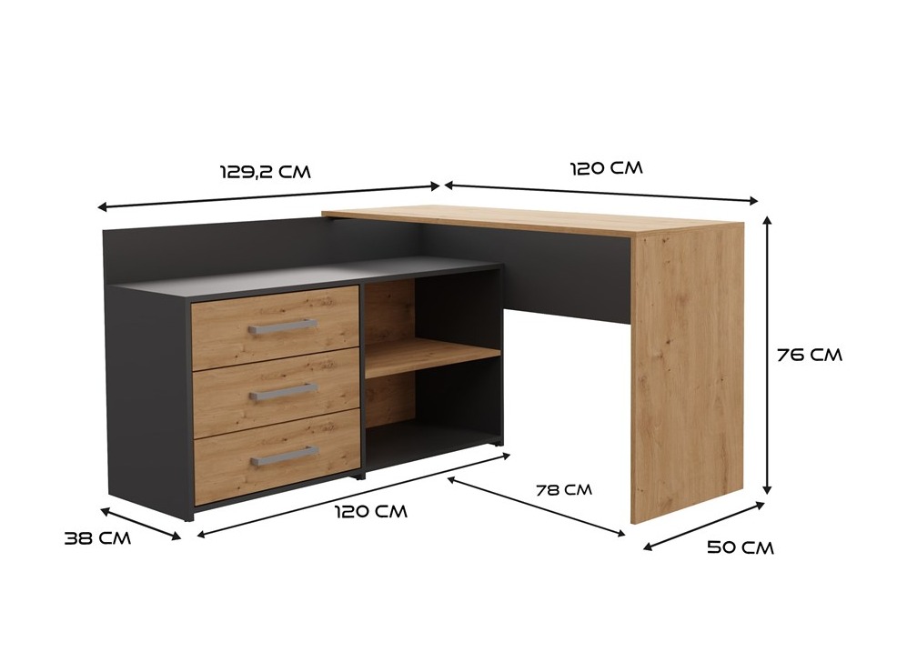 Hoekbureau Mandeville 131 (Antraciet + Artisan eiken)