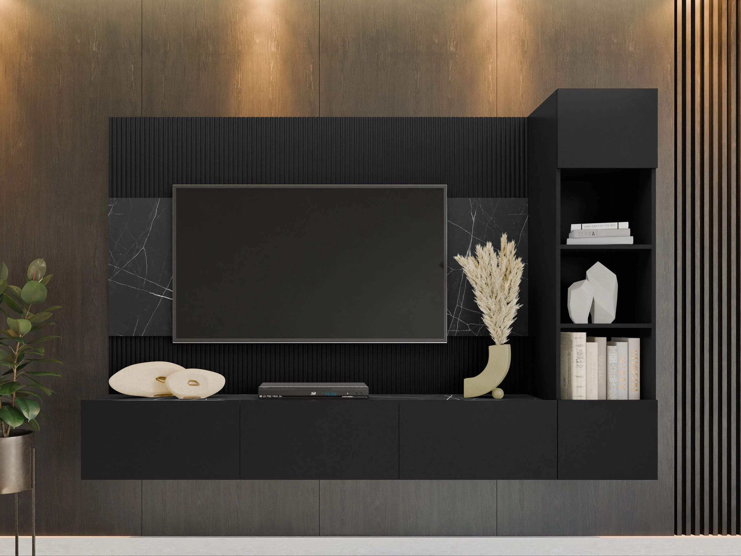 Woonkamerset Comfivo Salix II (Zwart + Zwart marmer)