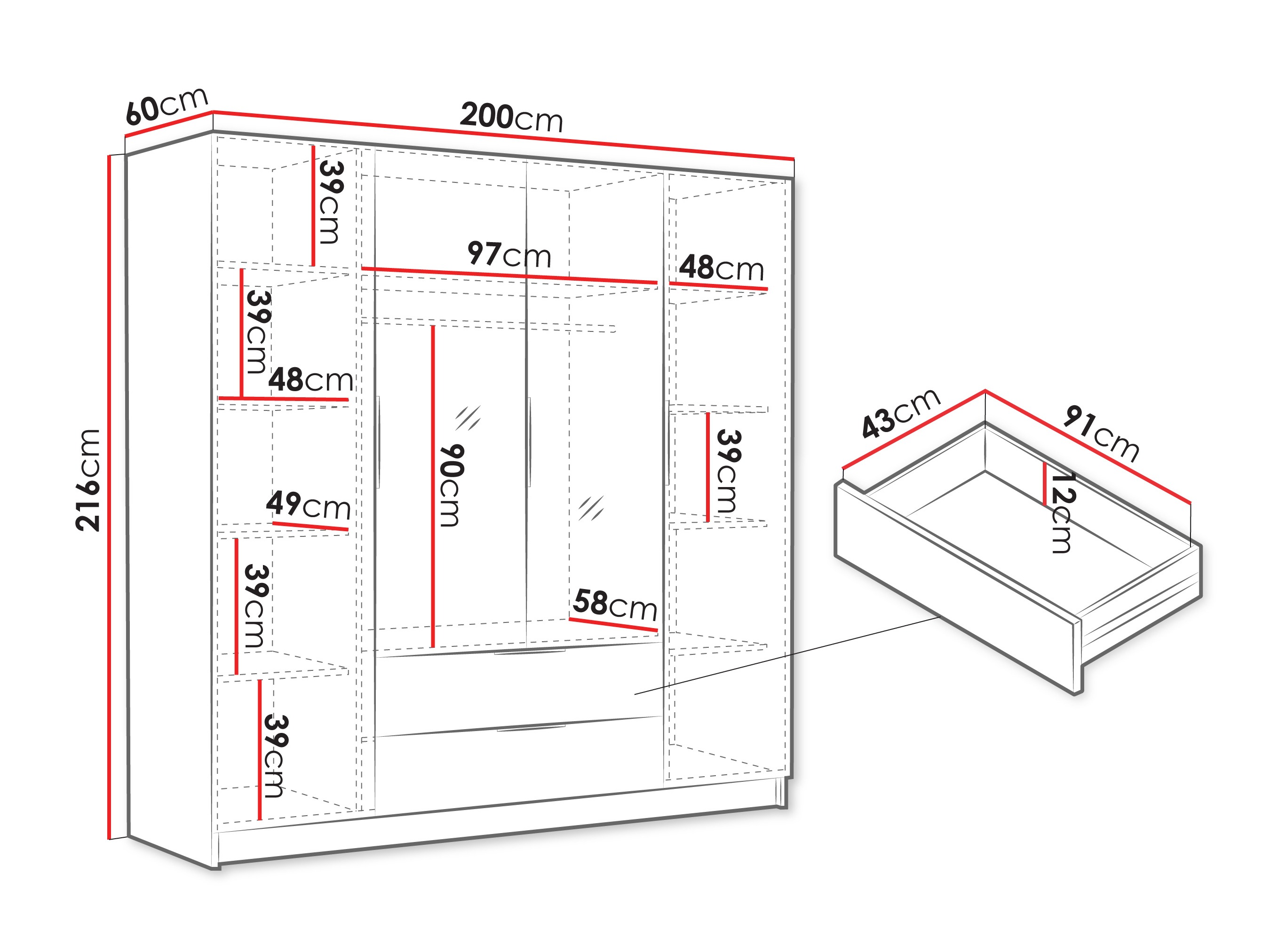 Kledingkast Closico Cadron II (Wit + Glanzend wit)