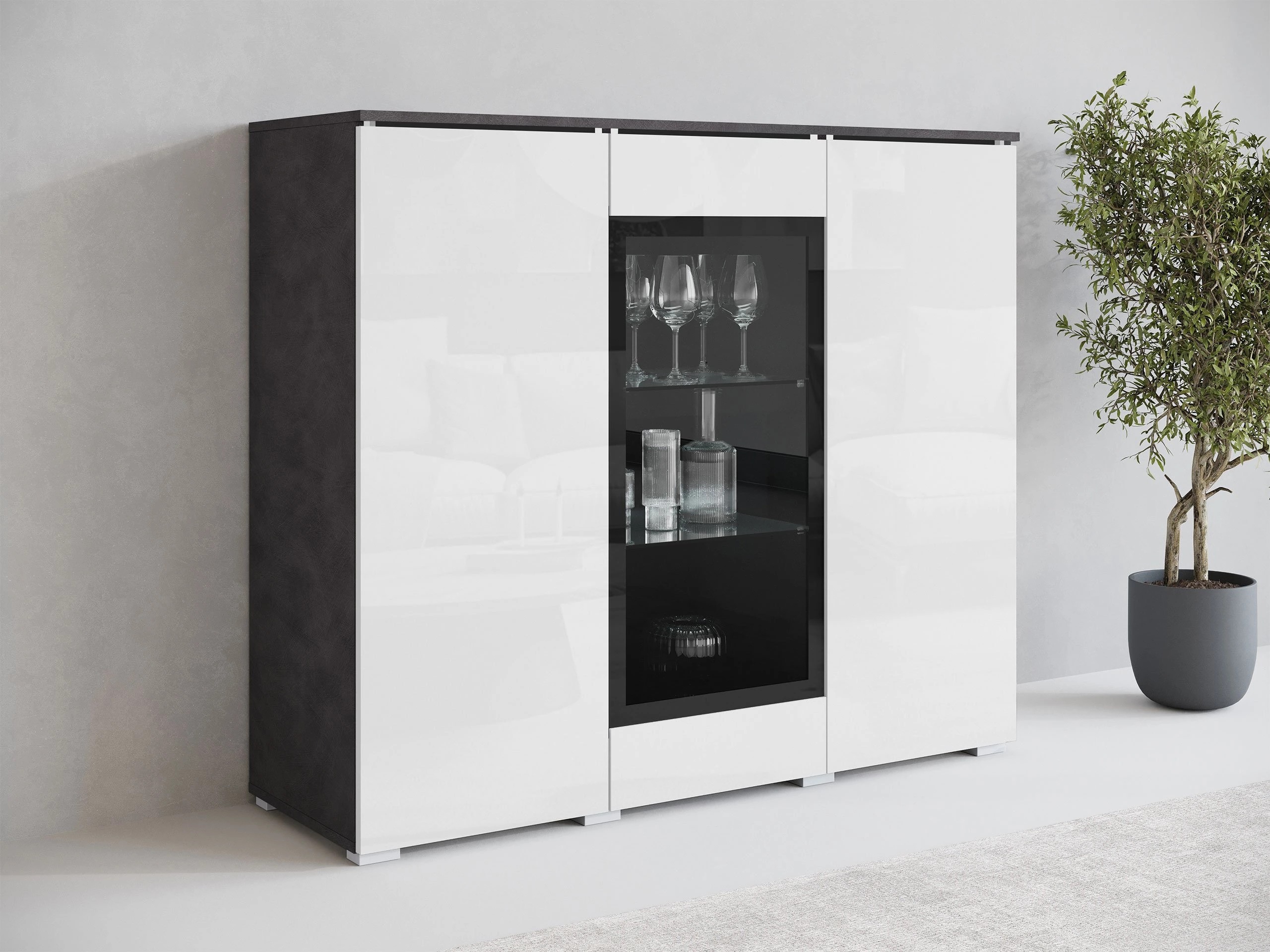 Dressoir Mirfivo 103 (Matera grijs + Glanzend wit)