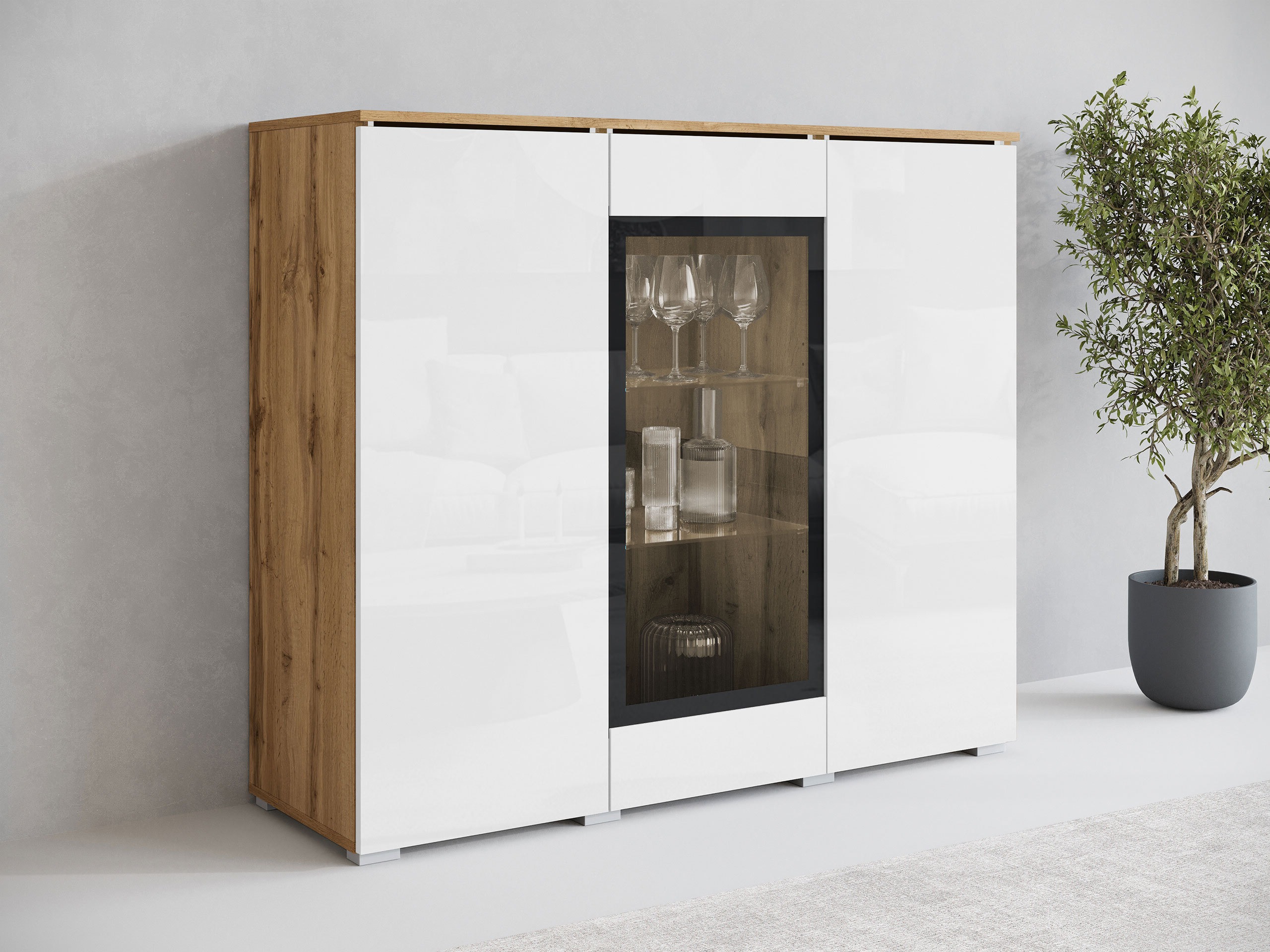 Dressoir Mirfivo 103 (Wotan eik + Glanzend wit)
