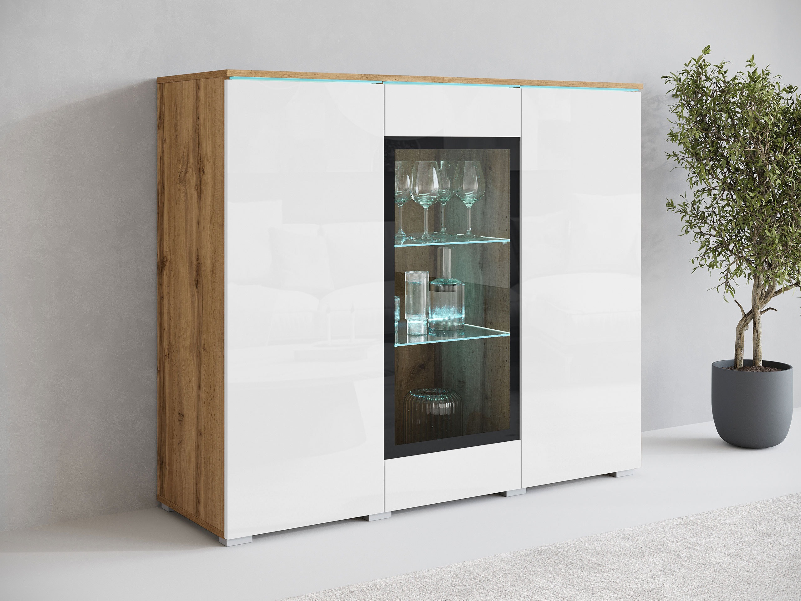 Dressoir Mirfivo 103 (Wotan eik + Glanzend wit)
