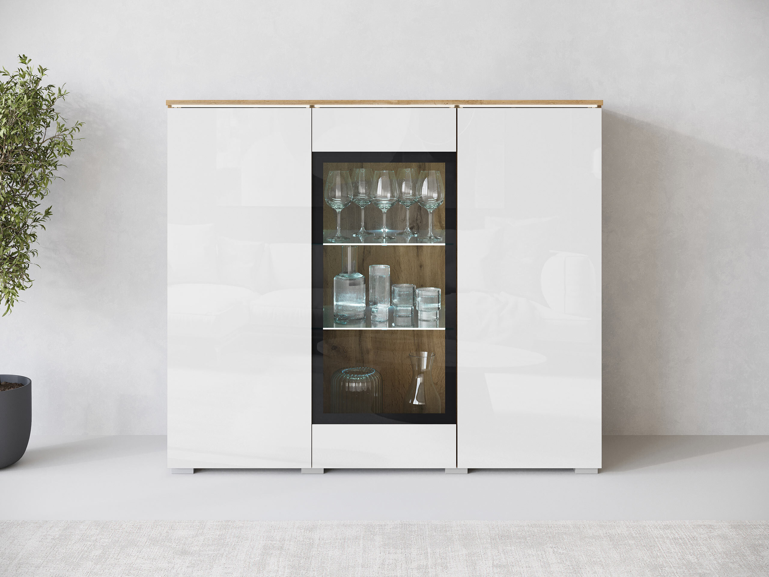 Dressoir Mirfivo 103 (Wotan eik + Glanzend wit)