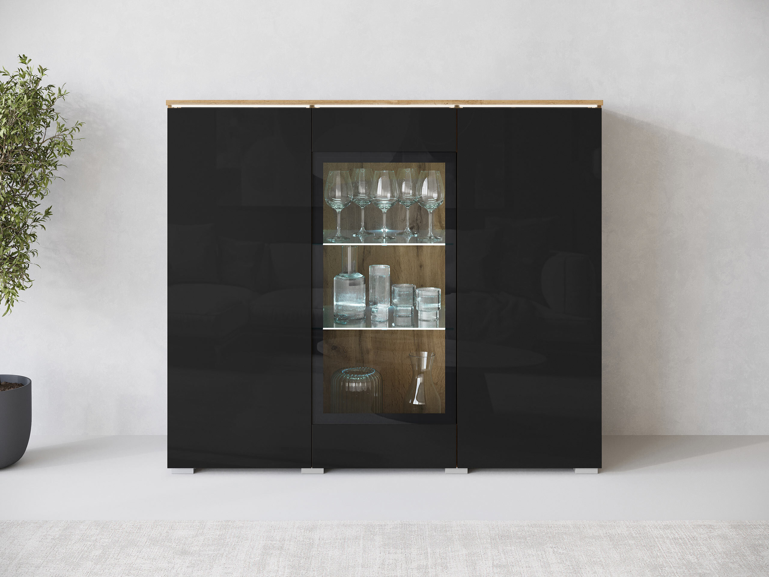 Dressoir Mirfivo 103 (Wotan eik + Glanzend zwart)