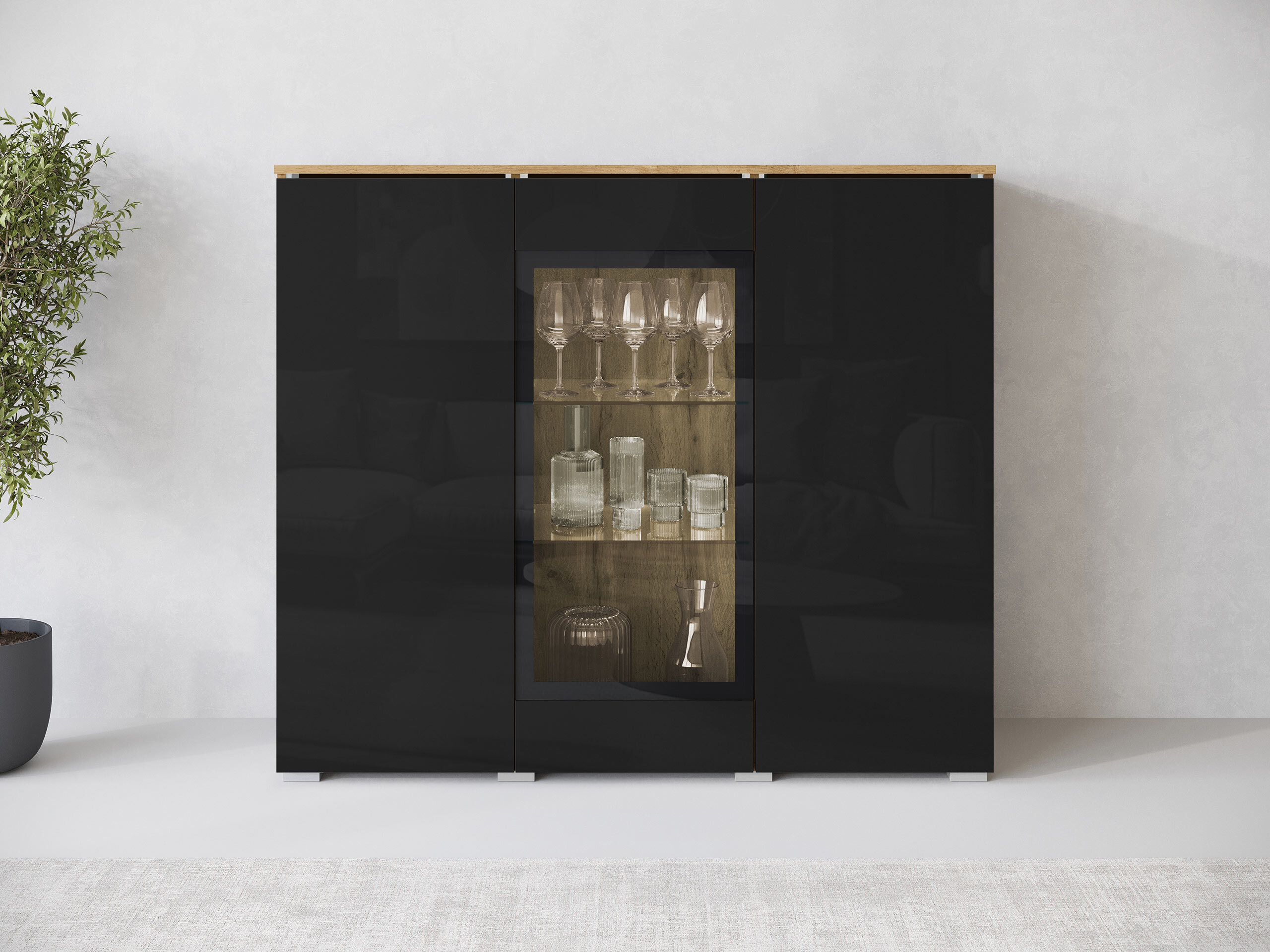 Dressoir Mirfivo 103 (Wotan eik + Glanzend zwart)