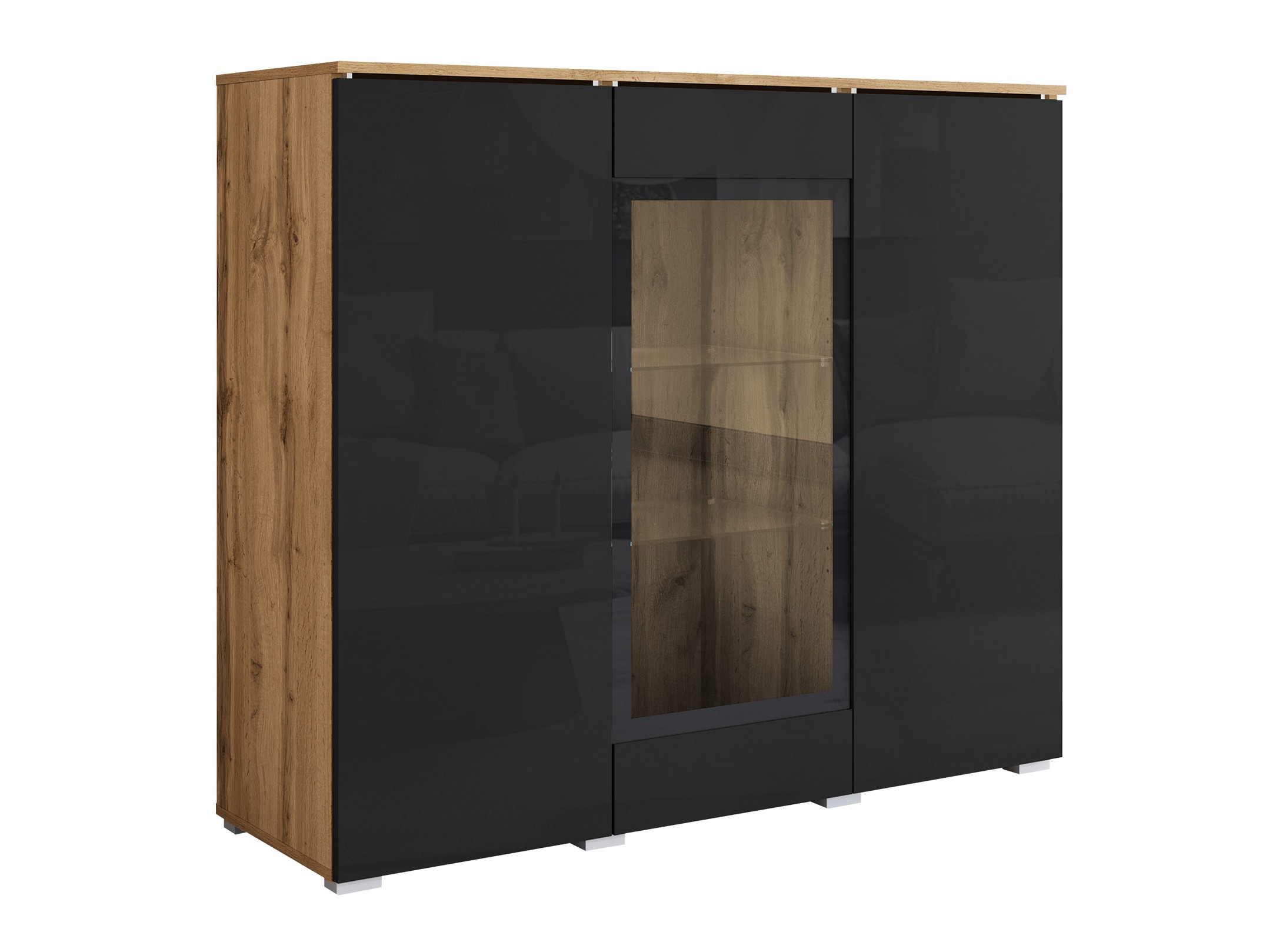 Dressoir Mirfivo 103 (Wotan eik + Glanzend zwart)