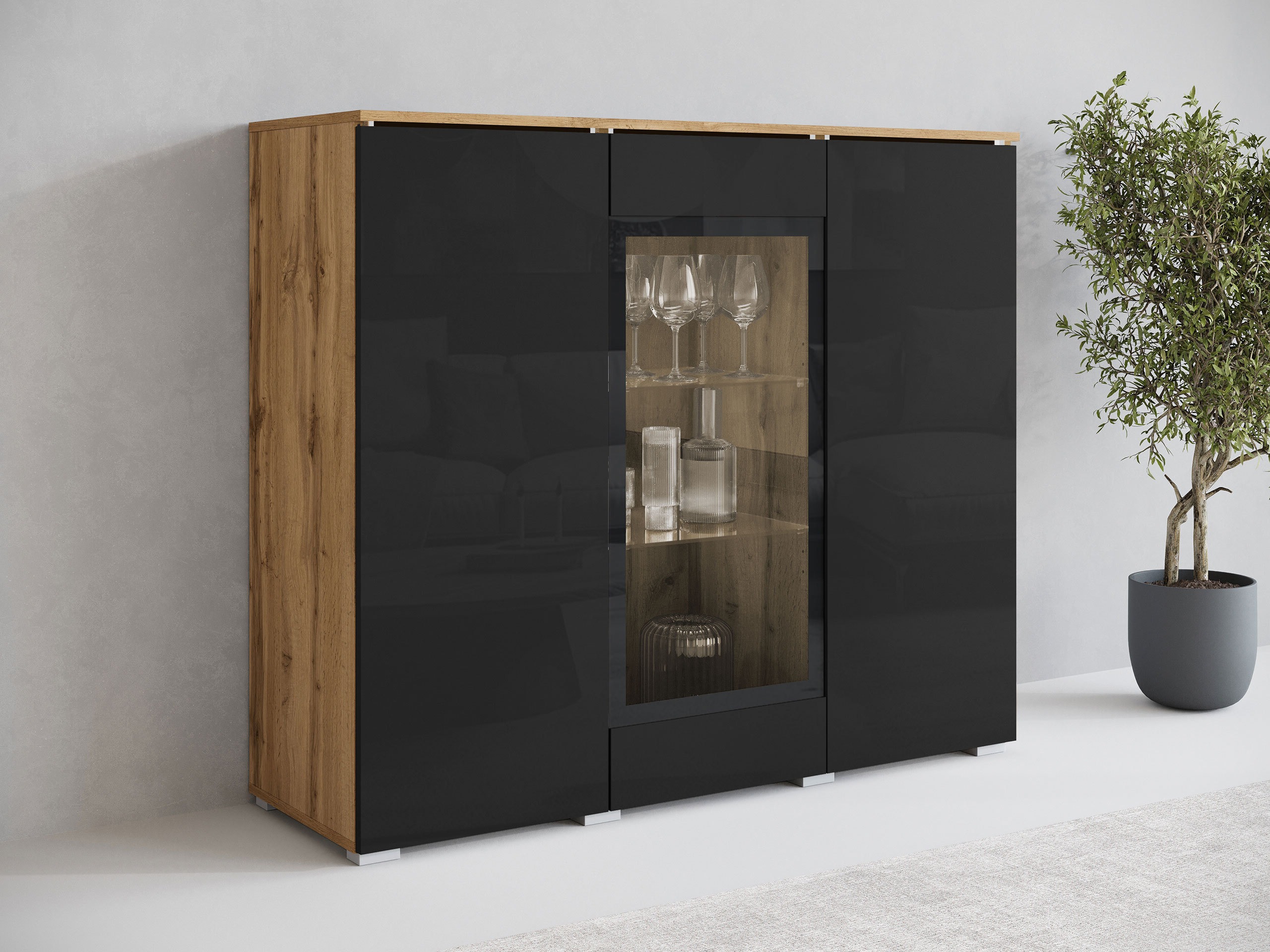 Dressoir Mirfivo 103 (Wotan eik + Glanzend zwart)