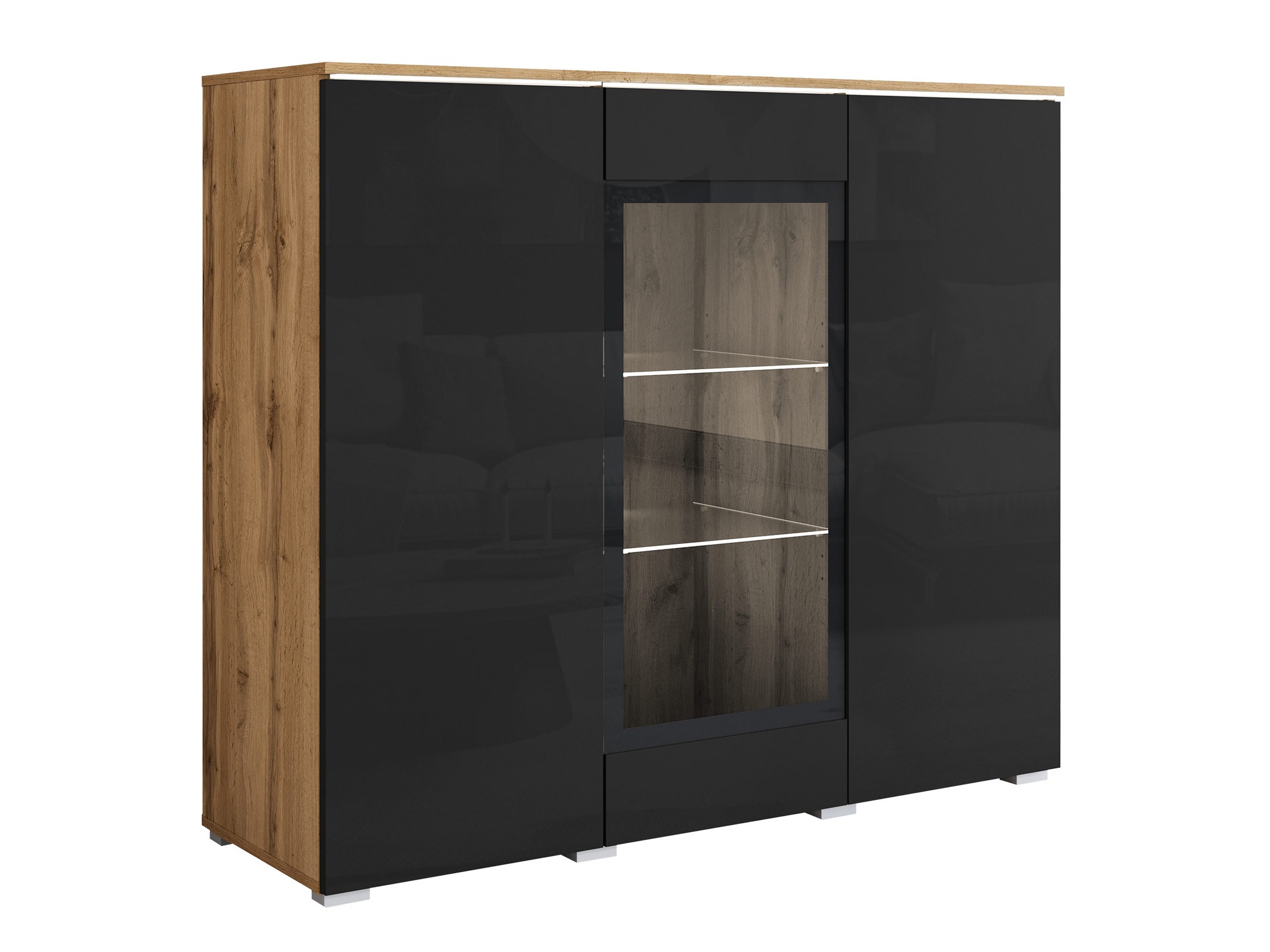 Dressoir Mirfivo 103 (Wotan eik + Glanzend zwart)