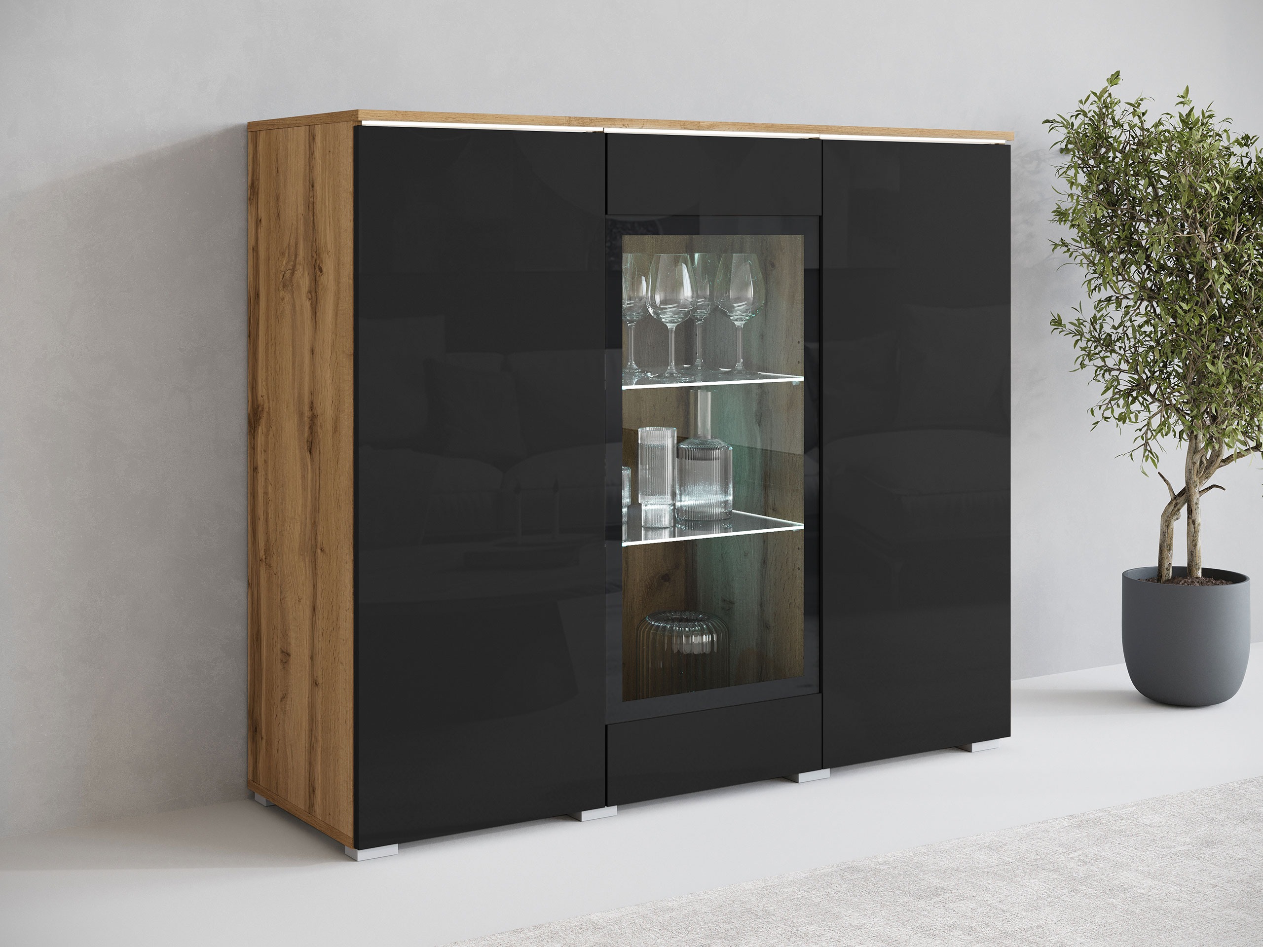 Dressoir Mirfivo 103 (Wotan eik + Glanzend zwart)