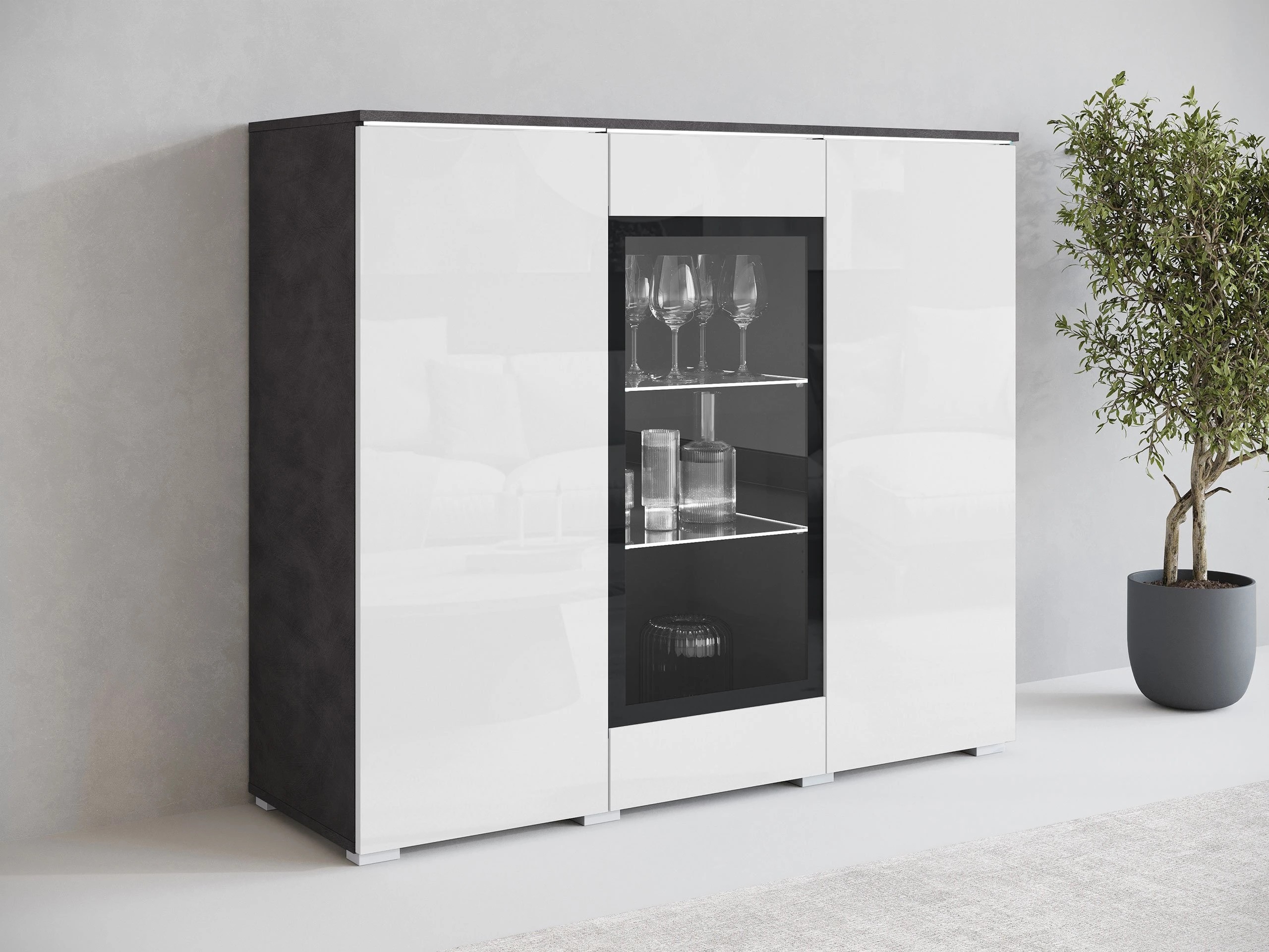 Dressoir Mirfivo 103 (Matera grijs + Glanzend wit)