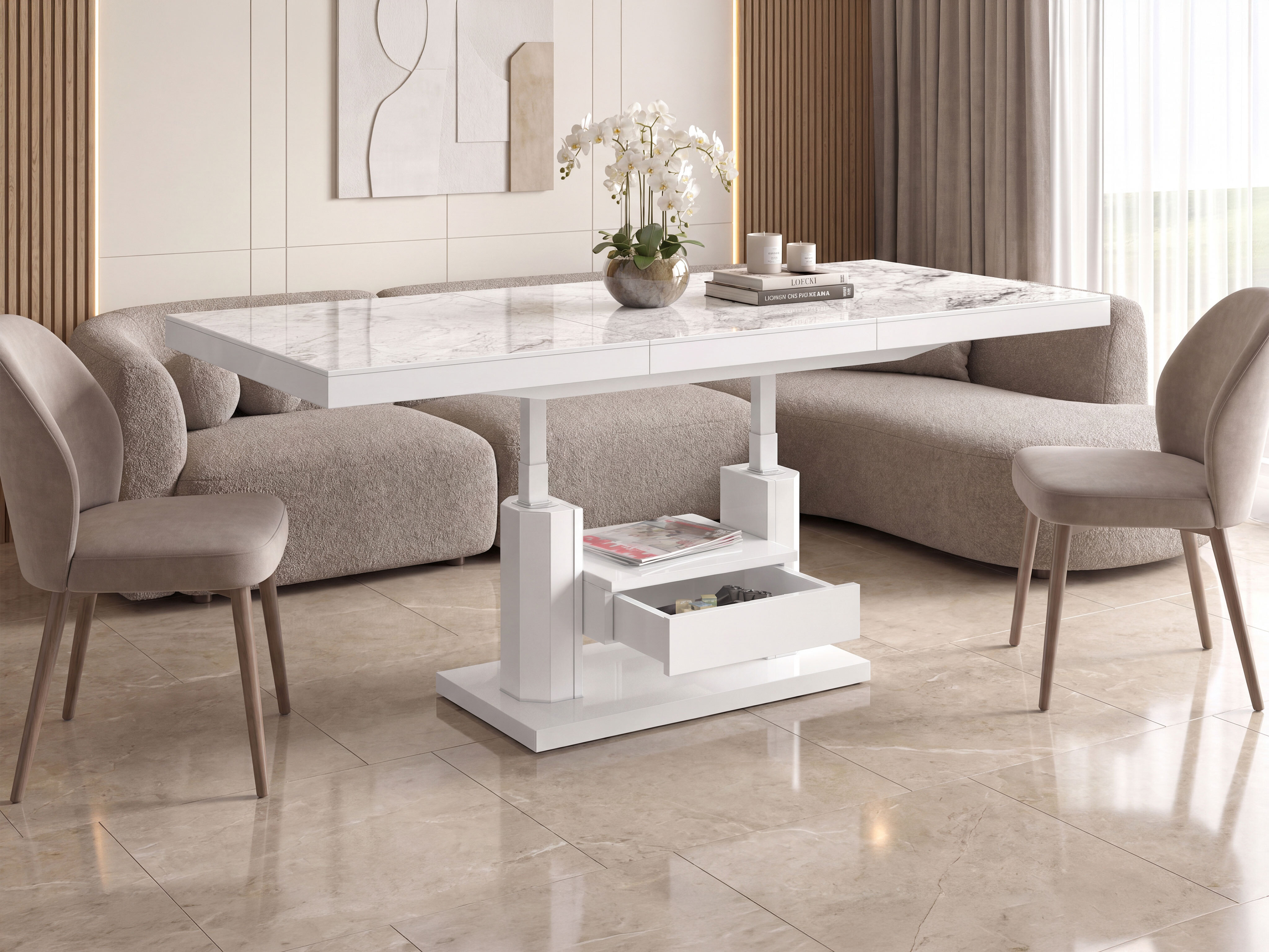 Transformeerbare salontafel Hoboken 100 (Wit marmer + Glanzend wit)