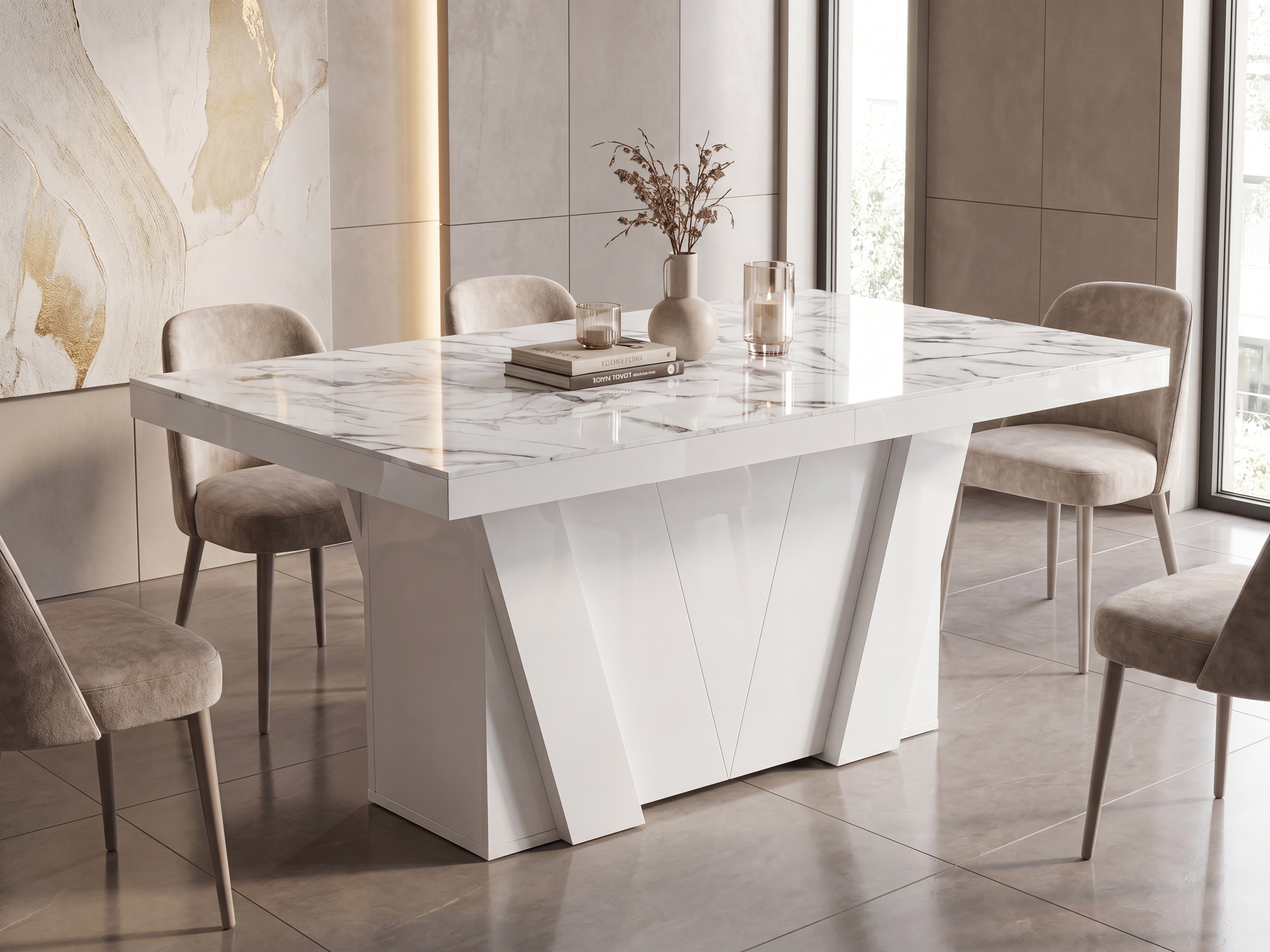 Tafel Hoboken 101 (Wit marmer + Glanzend wit)