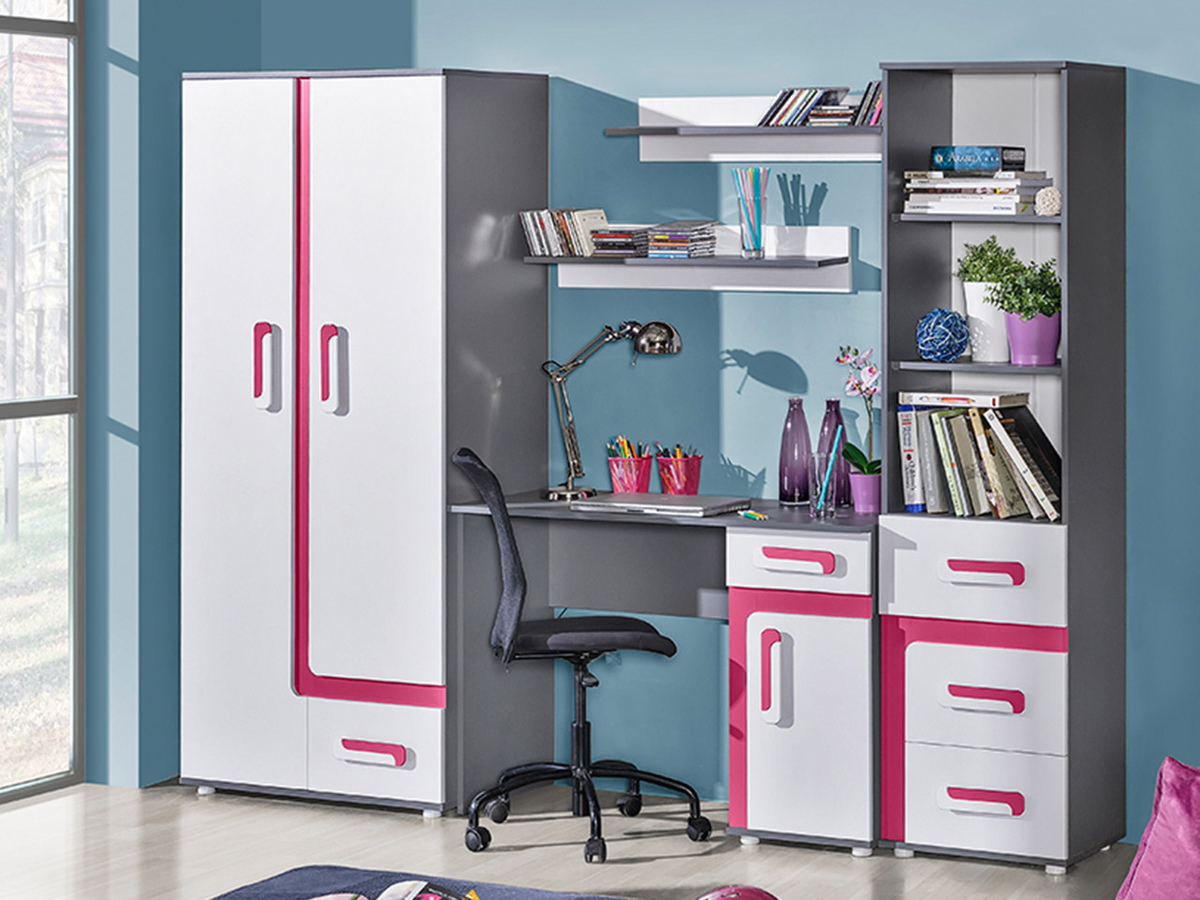 De reeks van de kinderkamer Levtala 116 (Antraciet + Wit + Roze)