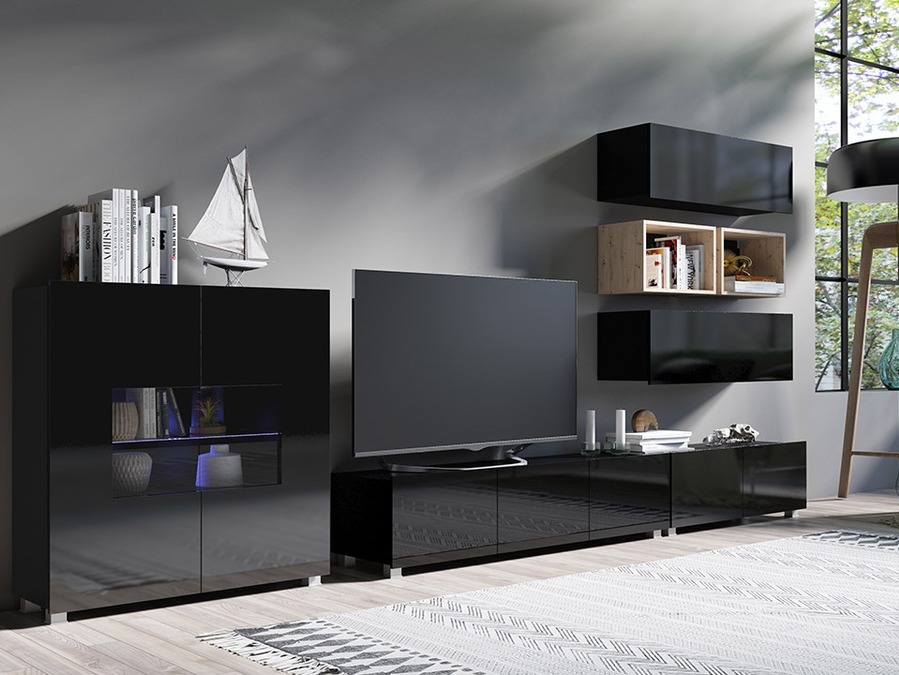 Woonkamerset Tivdalu 148 (Zwart + Glanzend zwart + Artisan eiken)