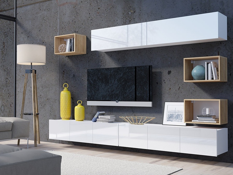 Woonkamerset Tivdalu 151 (Wit + Glanzend wit + Gouden eik)