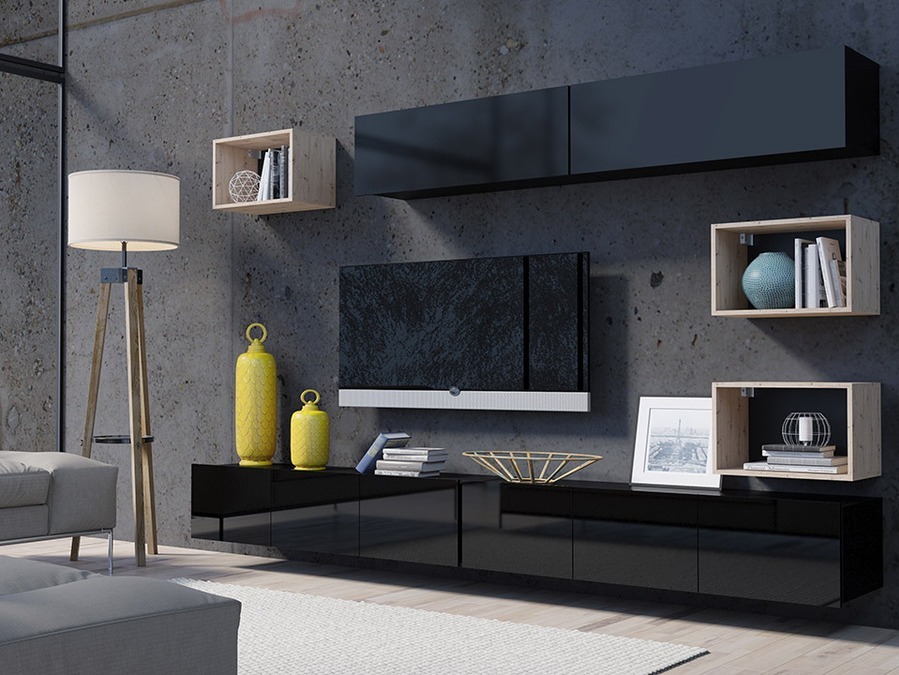 Woonkamerset Tivdalu 151 (Zwart + Glanzend zwart + Artisan eiken)