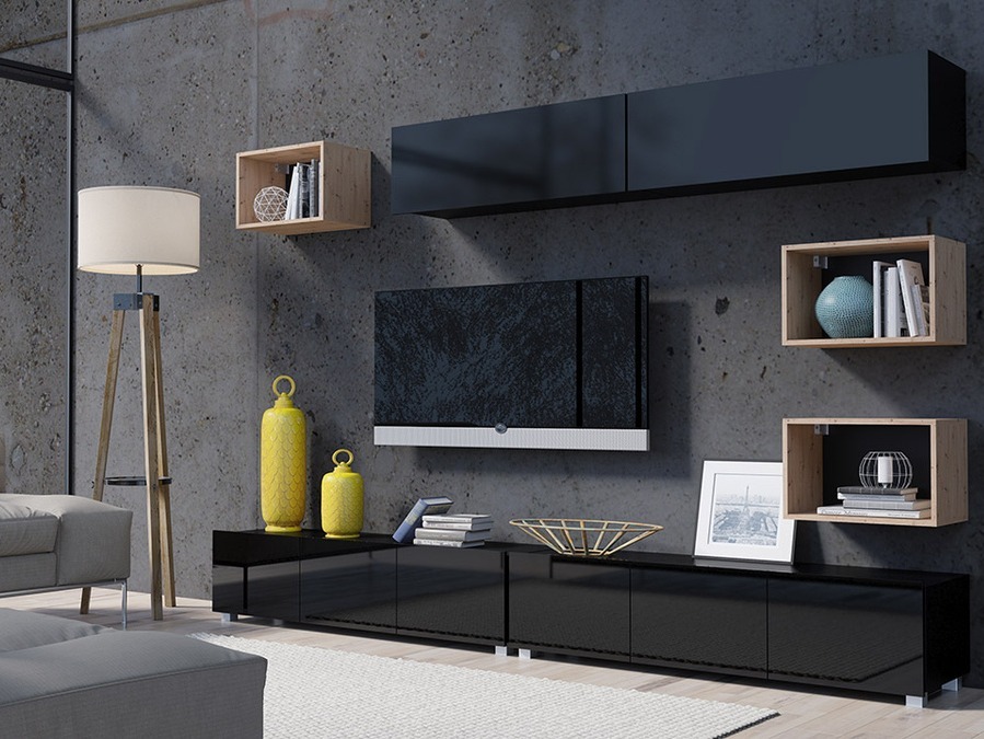 Woonkamerset Tivdalu 151 (Zwart + Glanzend zwart + Artisan eiken)