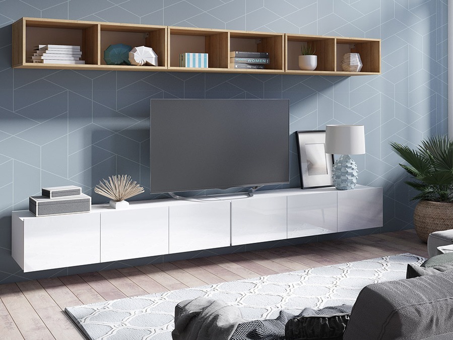 Woonkamerset Tivdalu 153 (Wit + Glanzend wit + Gouden eik)