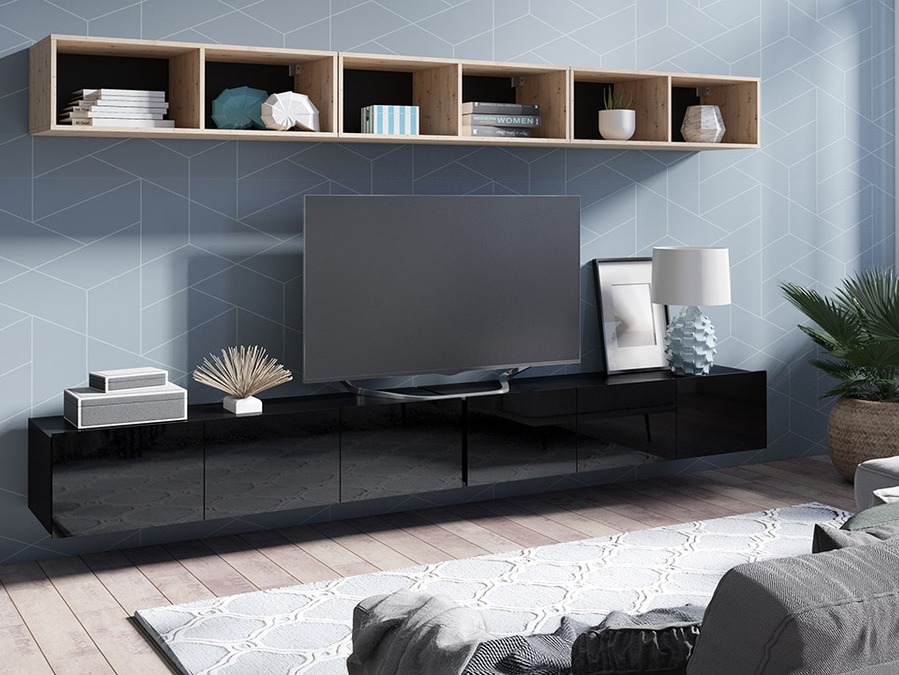 Woonkamerset Tivdalu 153 (Zwart + Glanzend zwart + Artisan eiken)